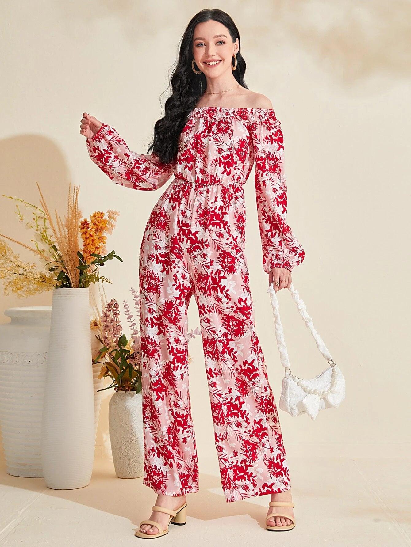 Floral Print Off Shoulder Lantern Sleeve Jumpsuit-Comfy Jumpsuits