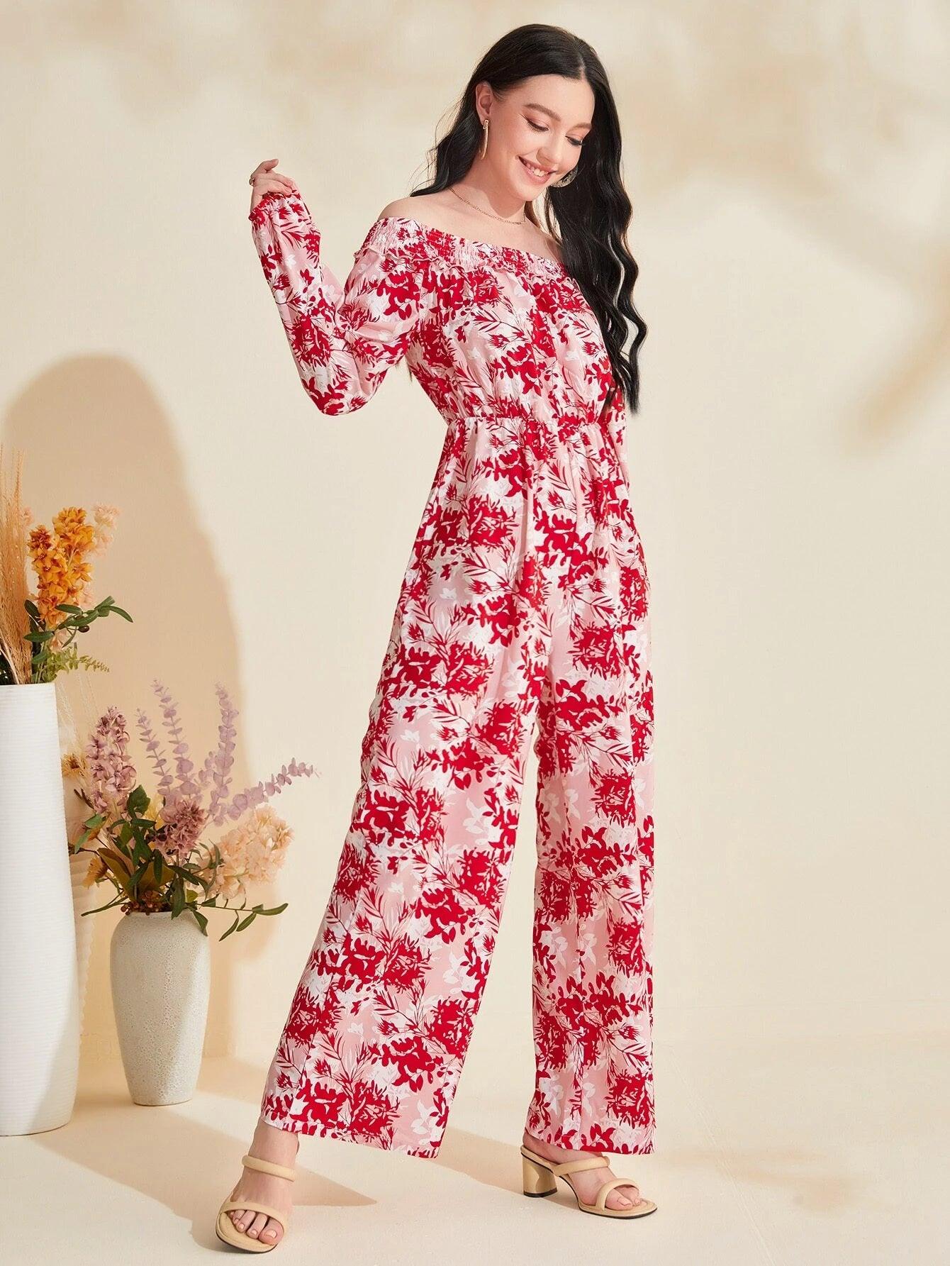 Floral Print Off Shoulder Lantern Sleeve Jumpsuit-Comfy Jumpsuits
