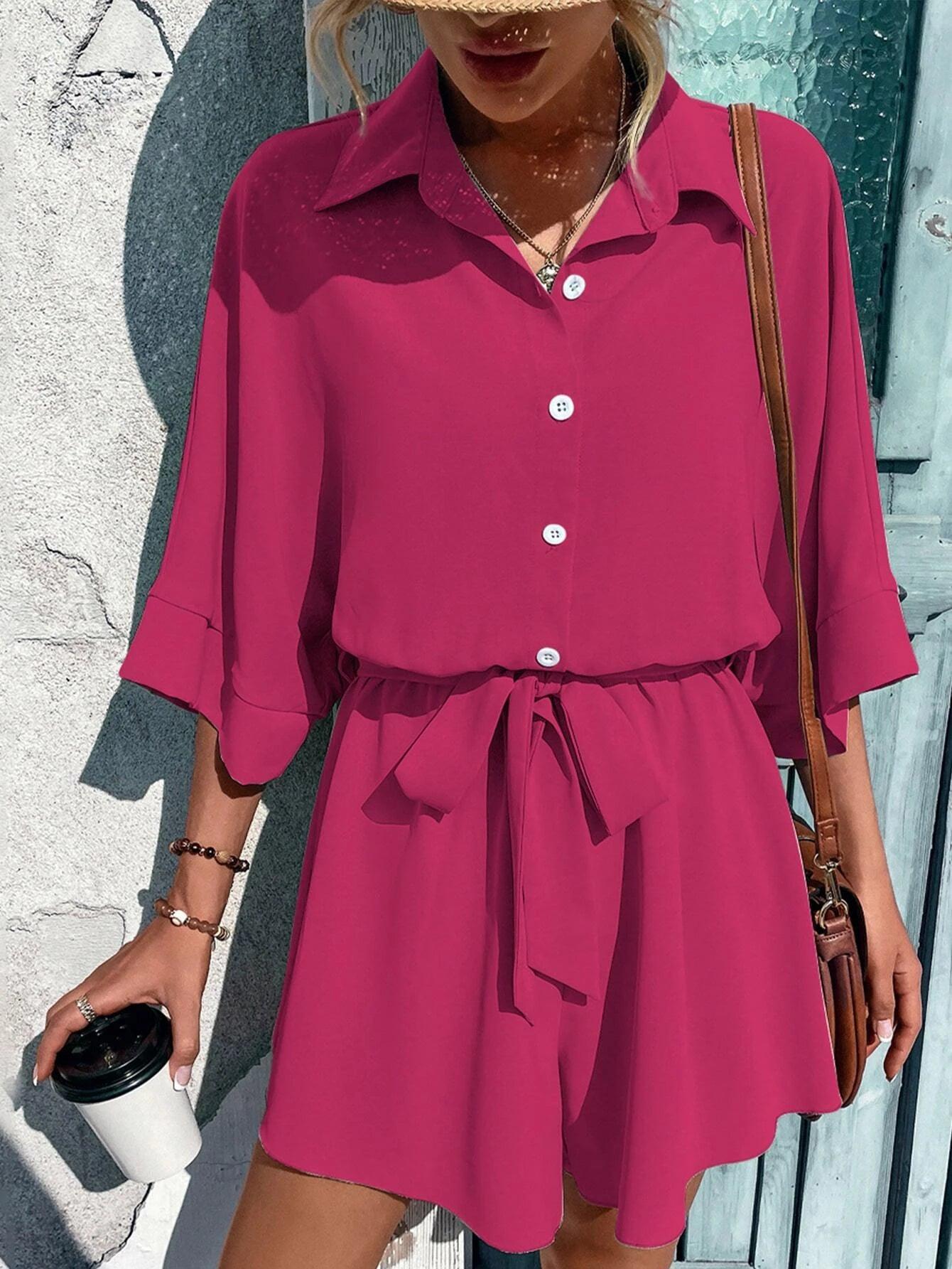 Batwing Sleeve Belted Shirt Romper-Comfy Jumpsuits