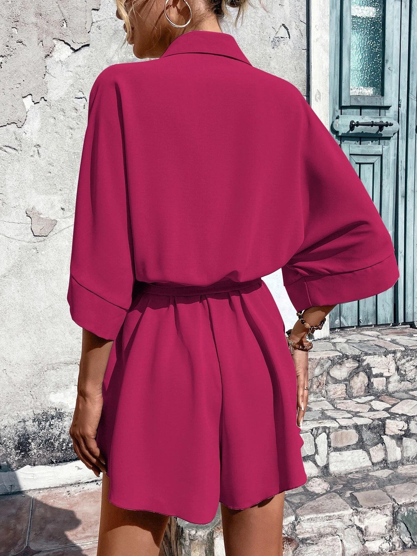 Batwing Sleeve Belted Shirt Romper-Comfy Jumpsuits