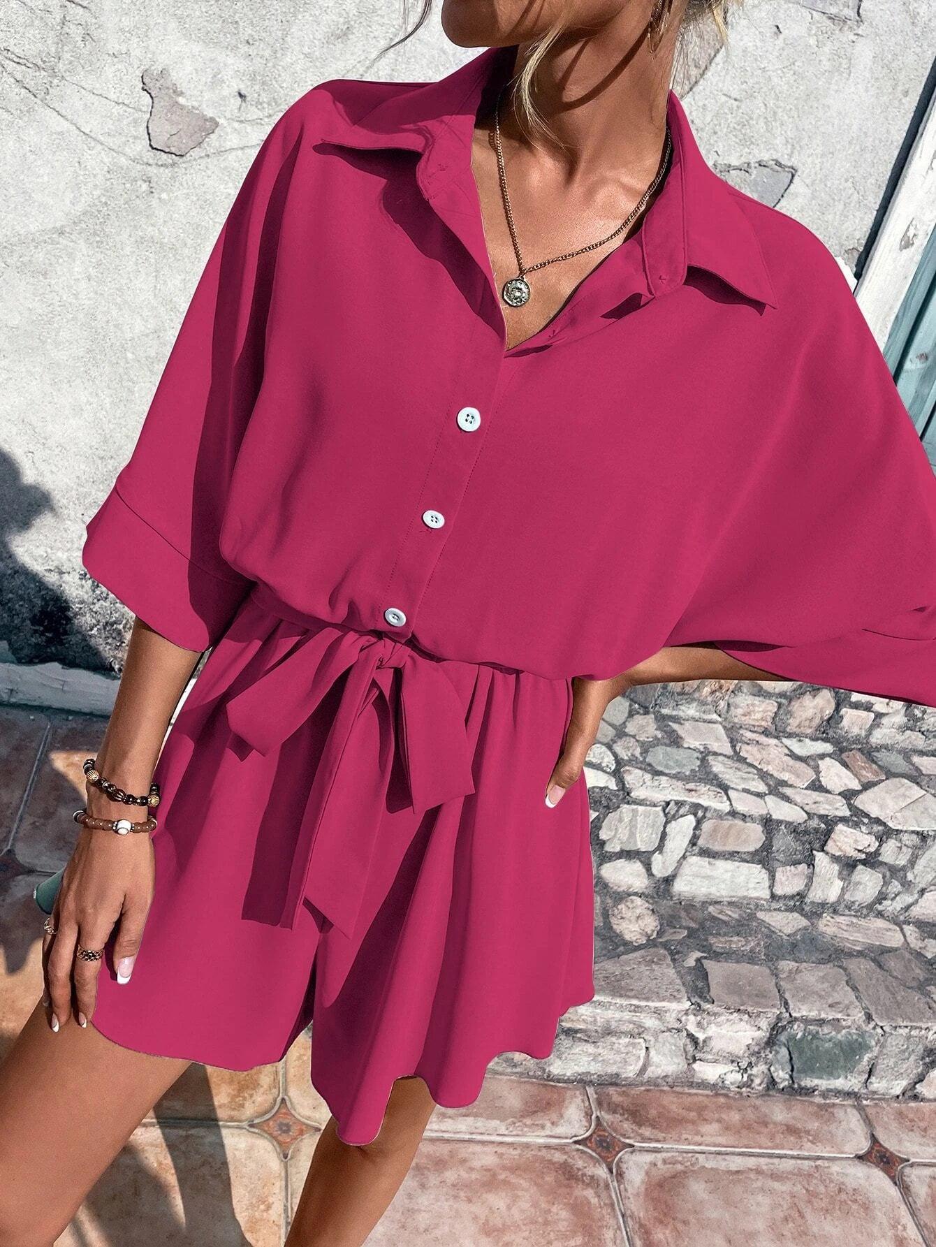 Batwing Sleeve Belted Shirt Romper-Comfy Jumpsuits