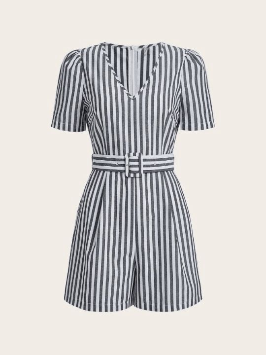 Striped Print Belted Romper-Comfy Jumpsuits