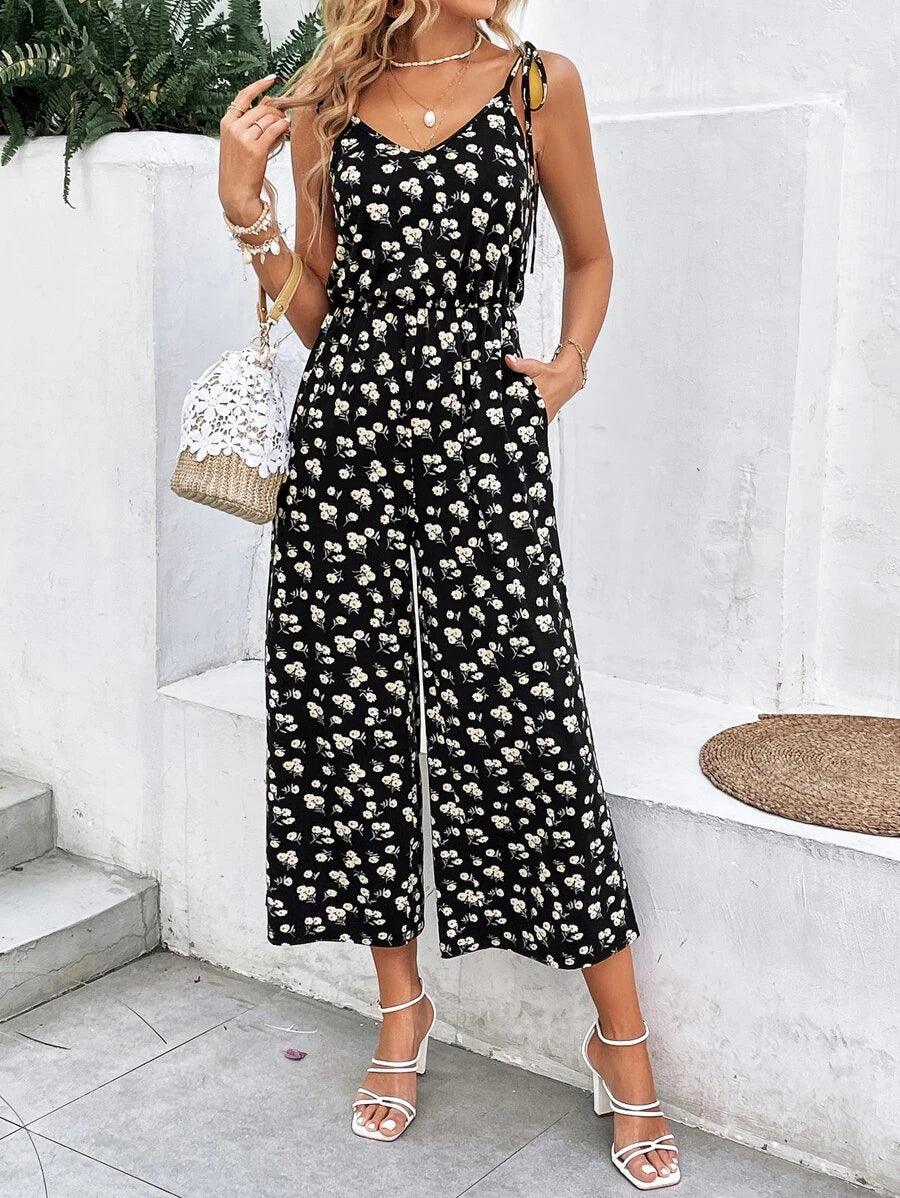 Floral Print Cami Jumpsuit-Comfy Jumpsuits