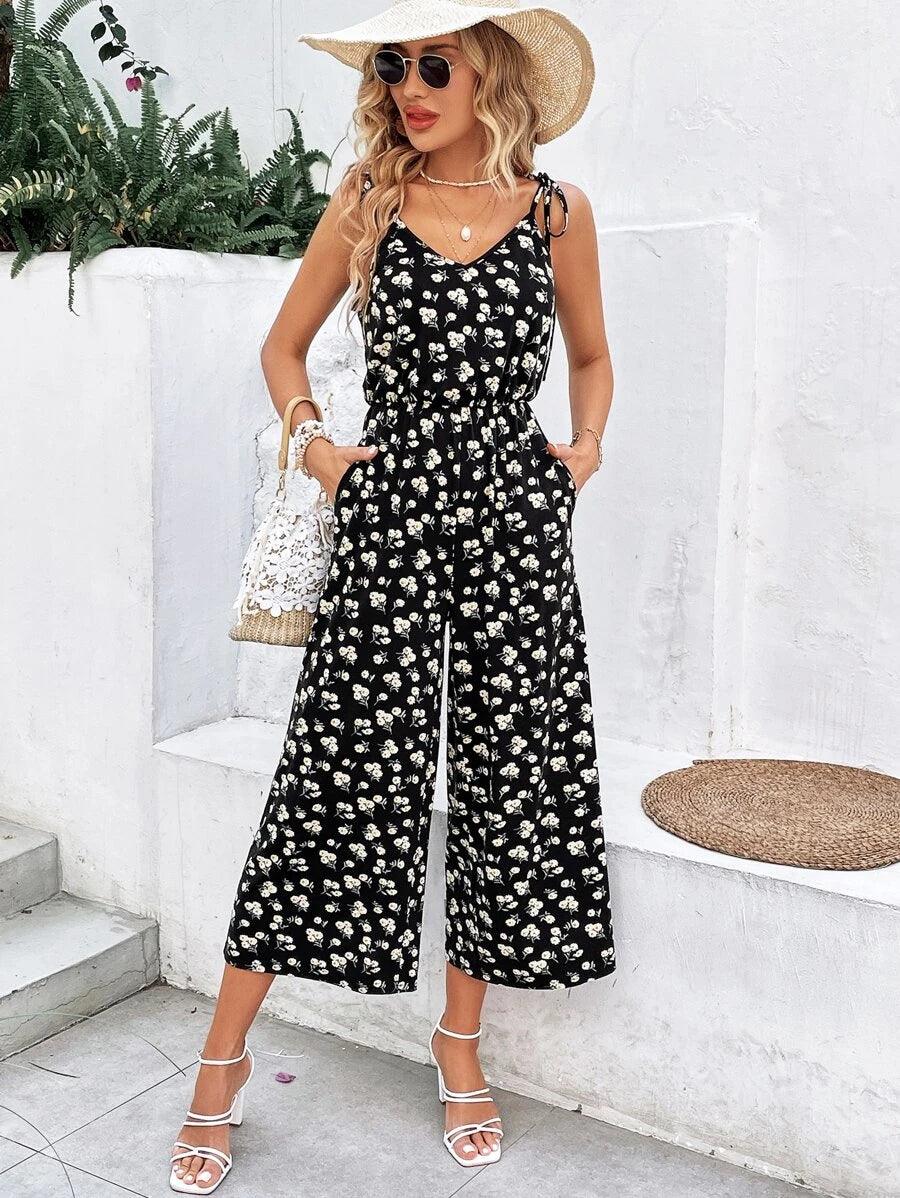 Floral Print Cami Jumpsuit-Comfy Jumpsuits