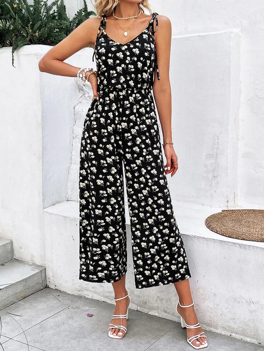 Floral Print Cami Jumpsuit-Comfy Jumpsuits
