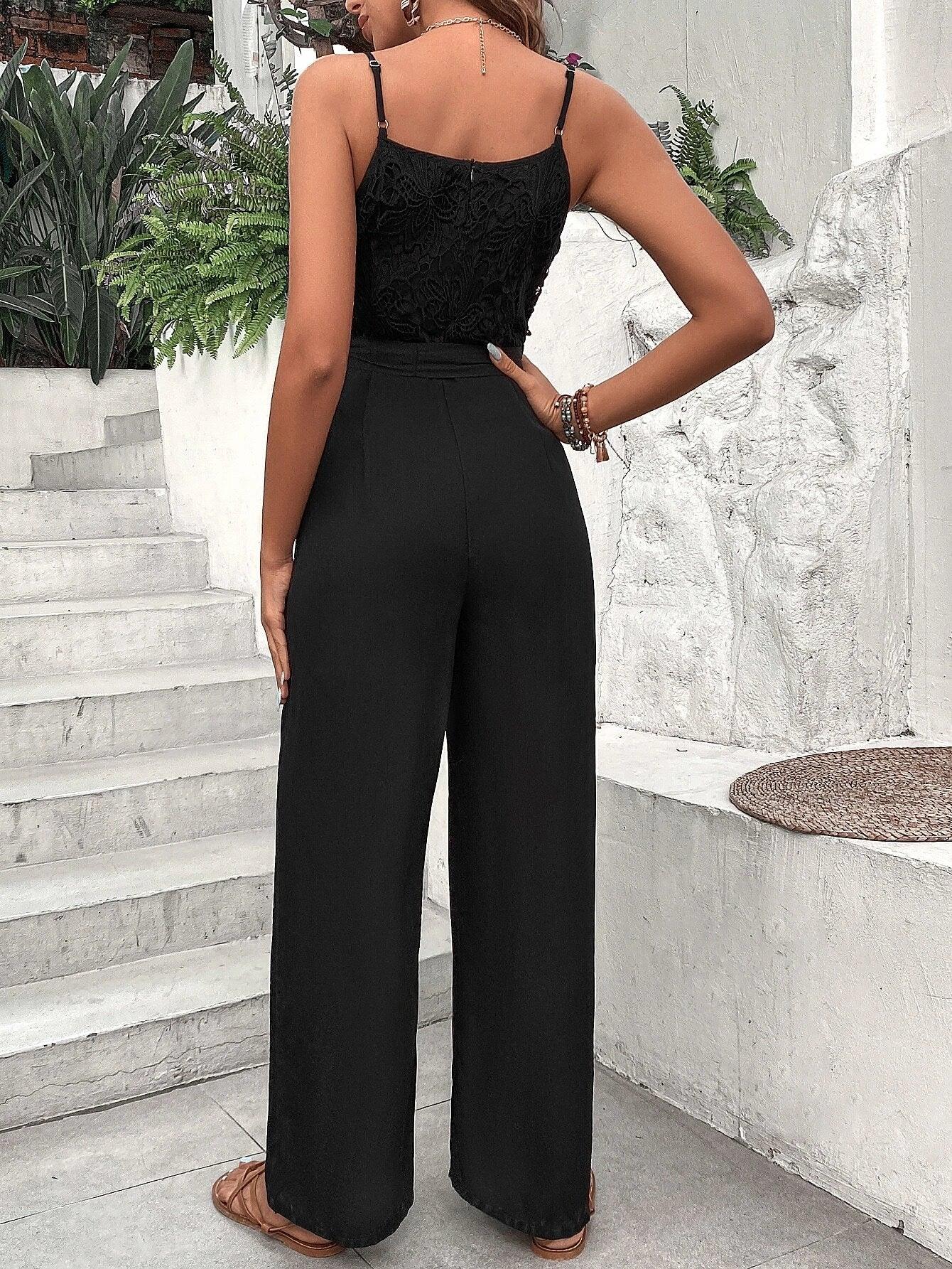 Lace Belted Cami Jumpsuit-Comfy Jumpsuits