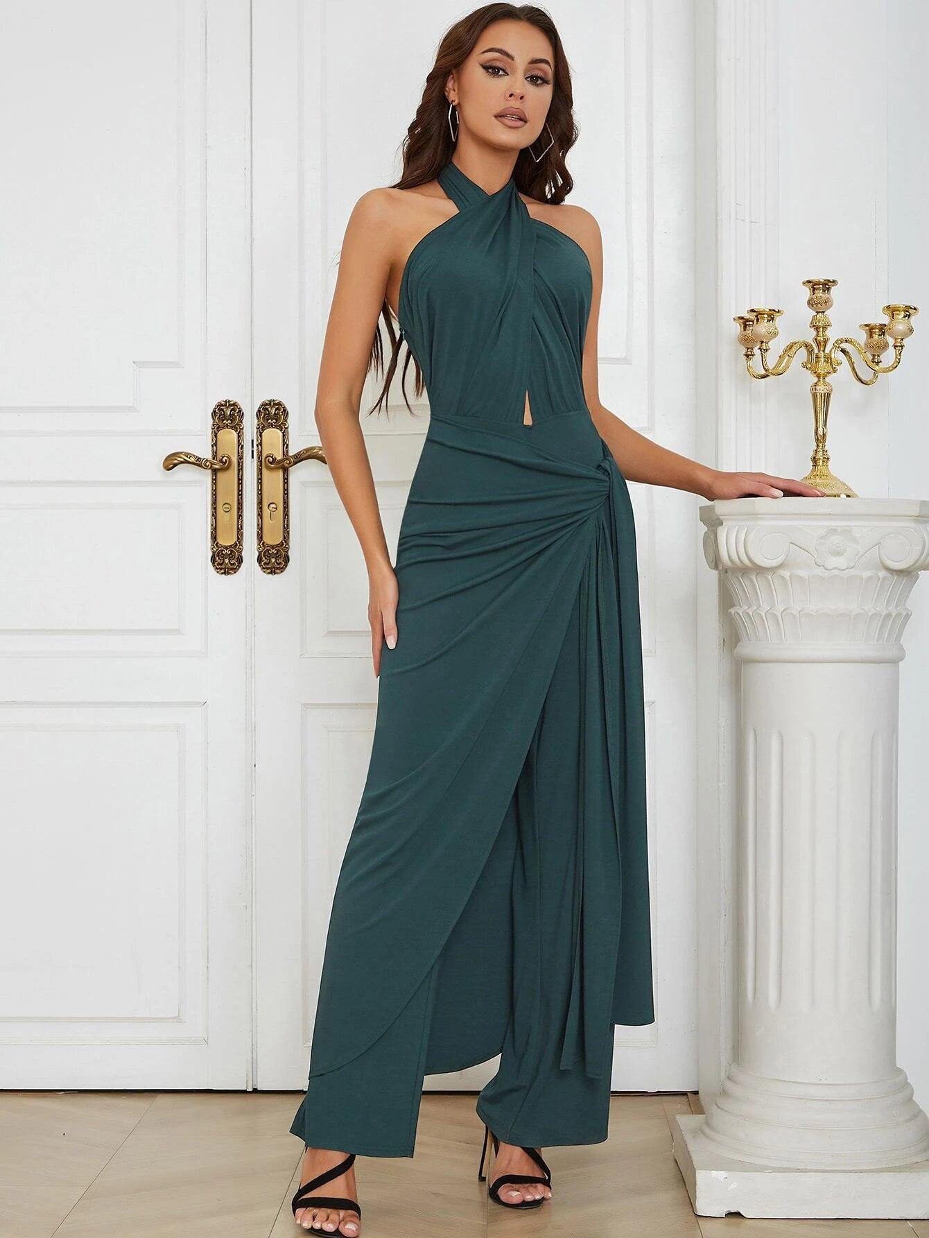 Cross Wrap Tie Backless Halter Jumpsuit-Comfy Jumpsuits