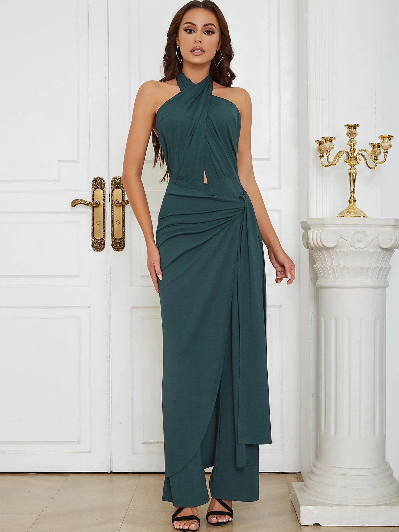 Cross Wrap Tie Backless Halter Jumpsuit-Comfy Jumpsuits