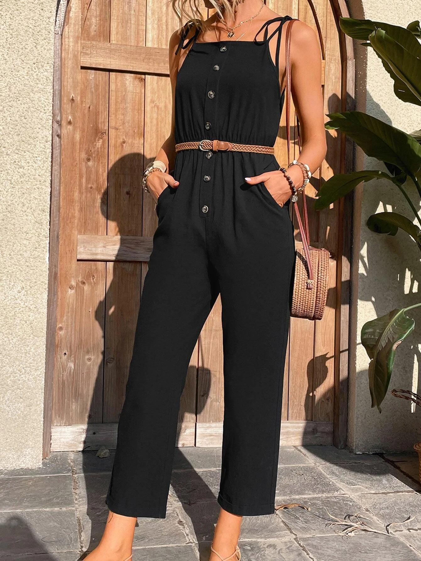 Tie Shoulder Button Front Cami Jumpsuit-Comfy Jumpsuits