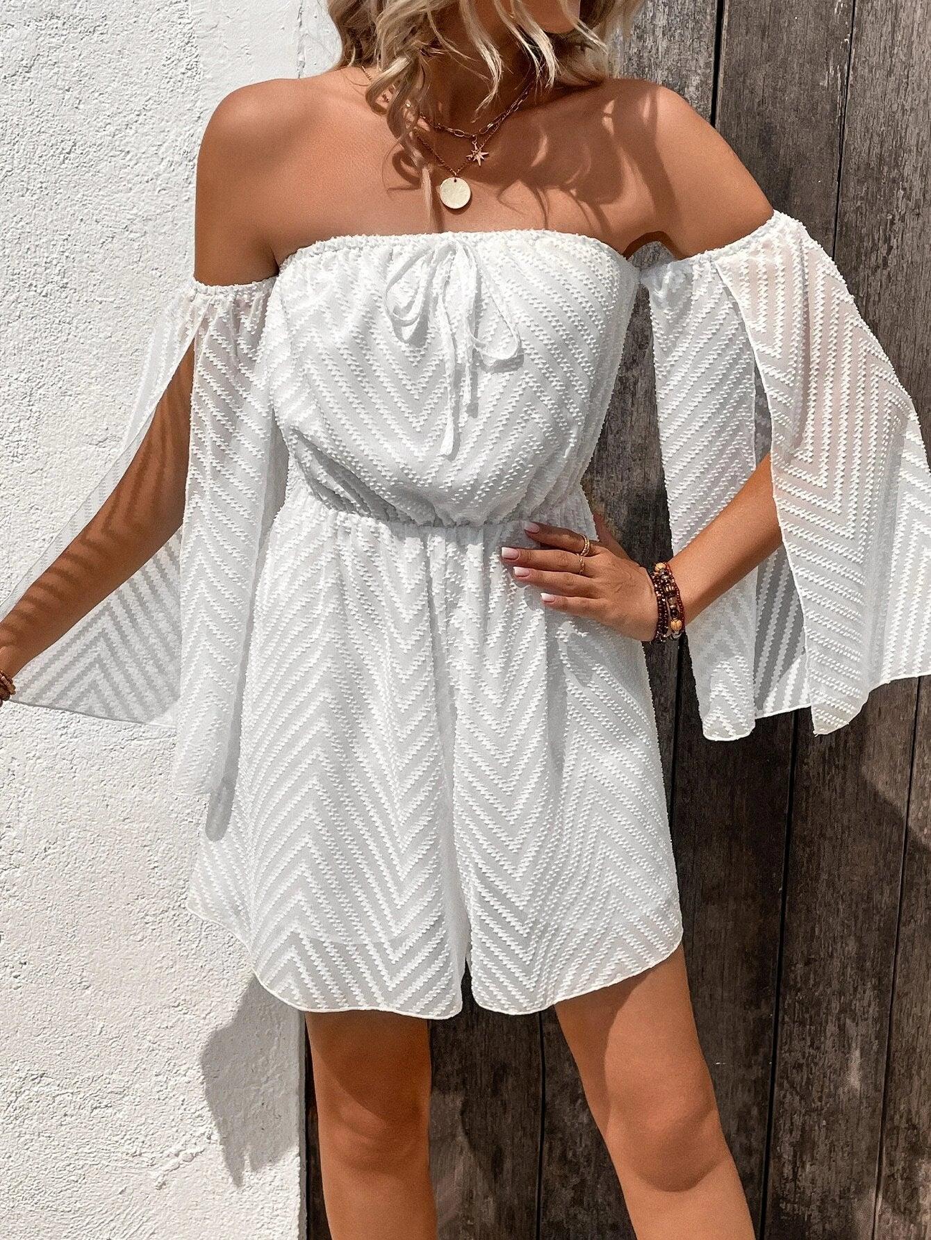 Off Shoulder Knot Front Split Sleeve Romper-Comfy Jumpsuits