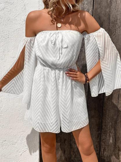 Off Shoulder Knot Front Split Sleeve Romper-Comfy Jumpsuits