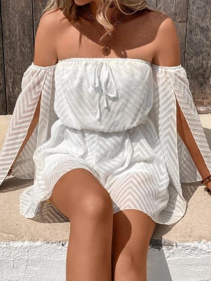 Off Shoulder Knot Front Split Sleeve Romper-Comfy Jumpsuits