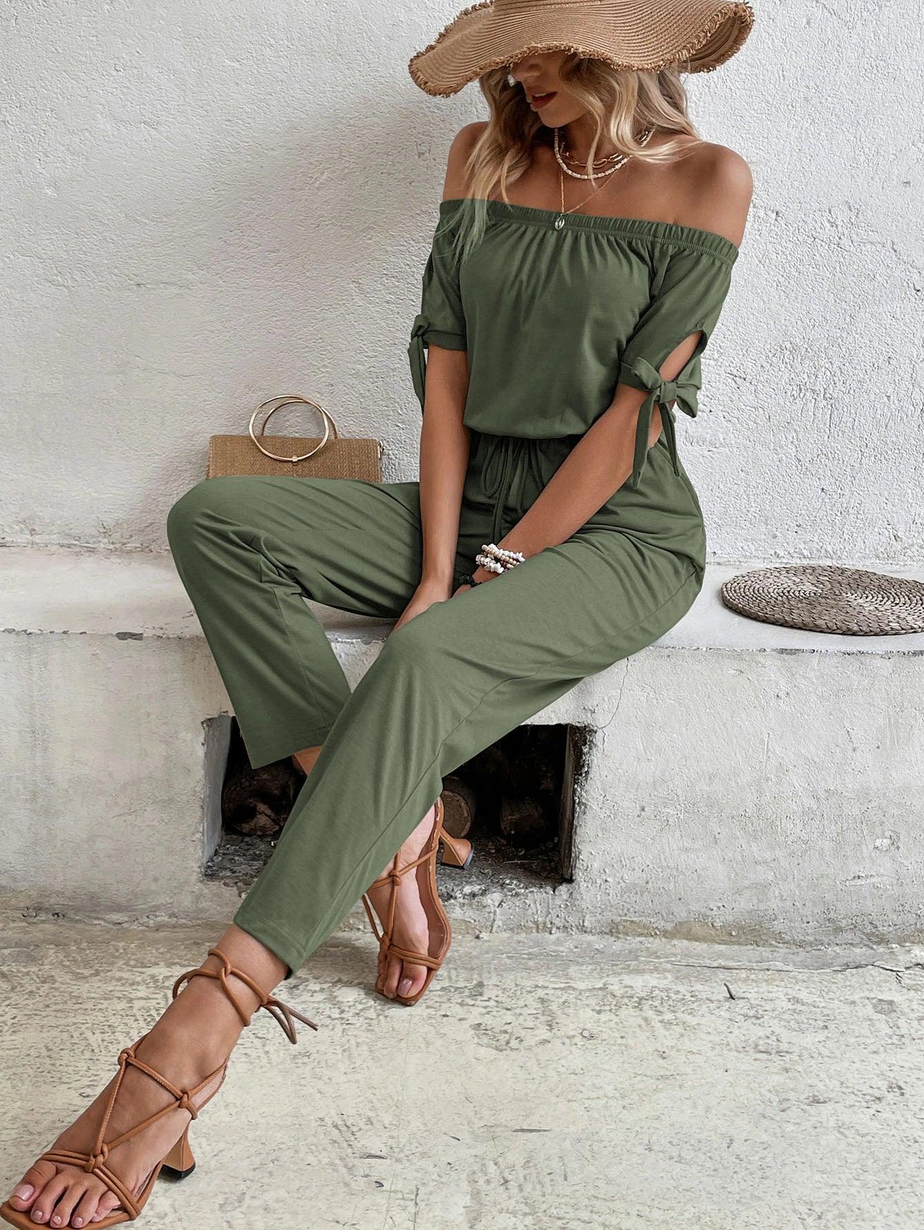 Off Shoulder Short Sleeve Jumpsuit-Comfy Jumpsuits