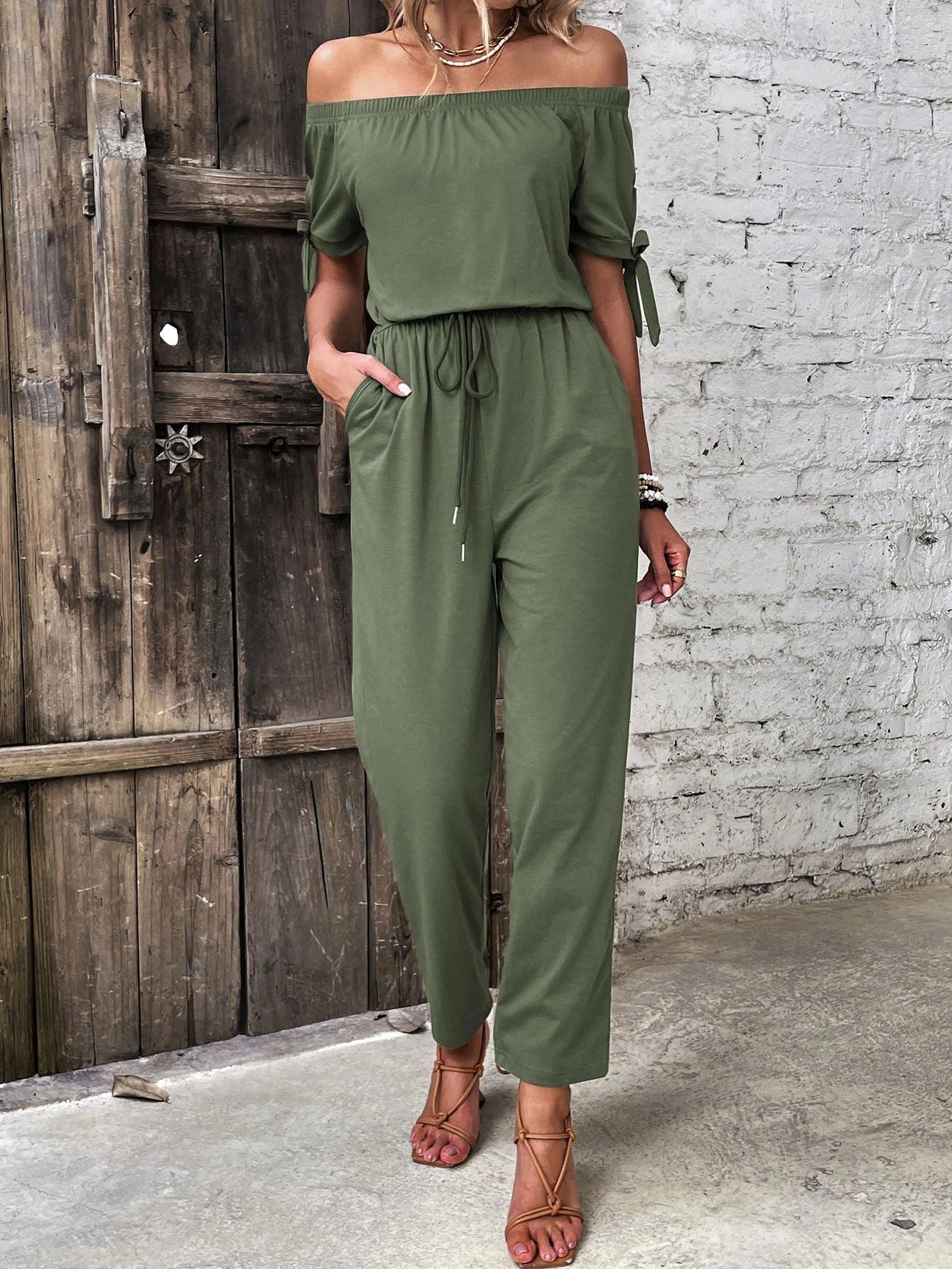 Off Shoulder Short Sleeve Jumpsuit-Comfy Jumpsuits
