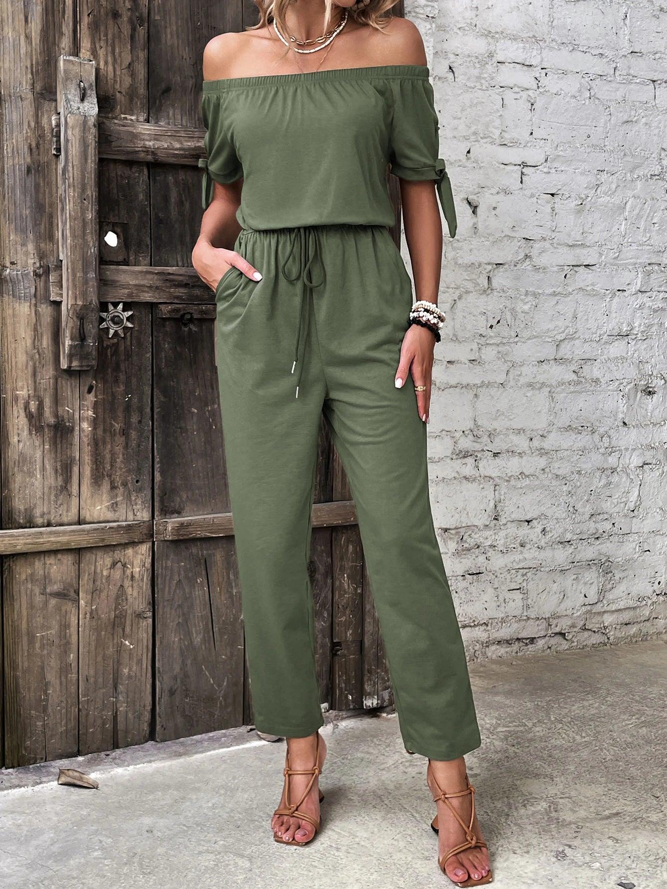 Off Shoulder Short Sleeve Jumpsuit-Comfy Jumpsuits