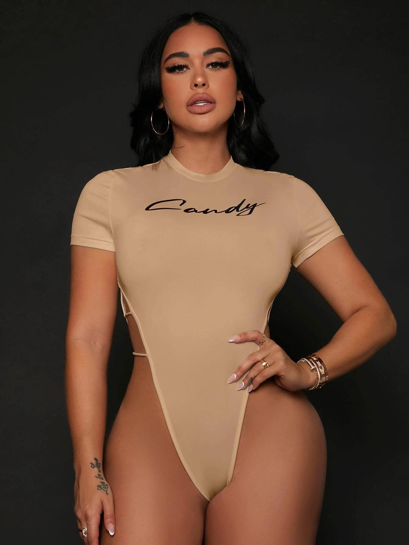 High Cut Out Side Tee Bodysuit-Comfy Jumpsuits