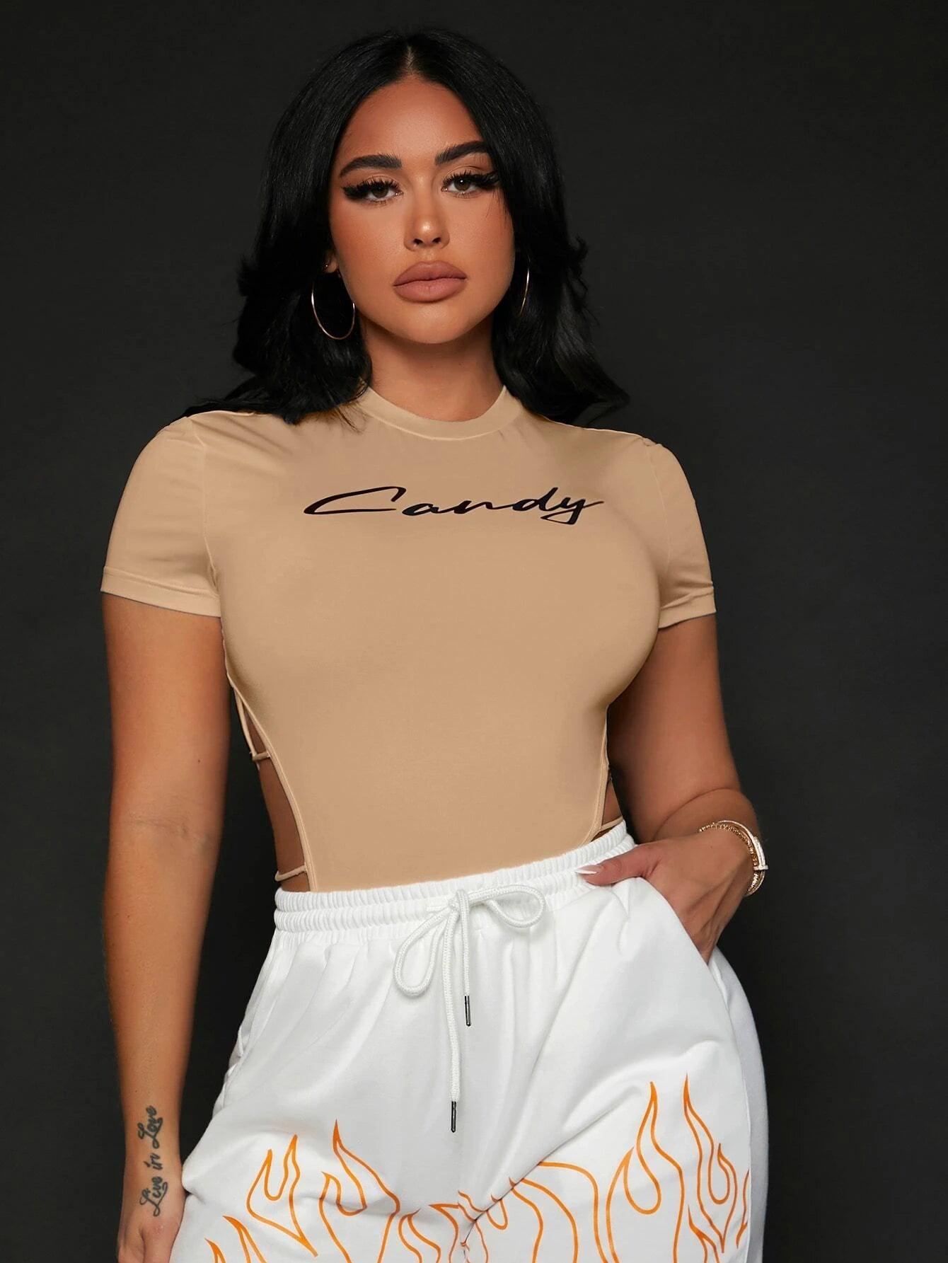 High Cut Out Side Tee Bodysuit-Comfy Jumpsuits
