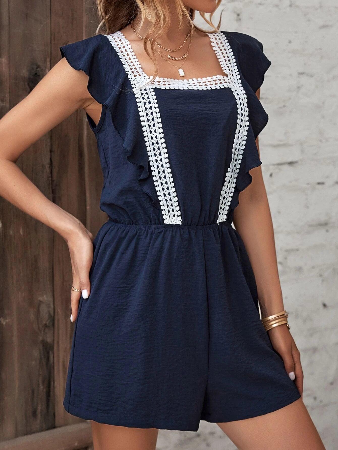 Lace Panel Tie Back Ruffle Trim Romper-Comfy Jumpsuits