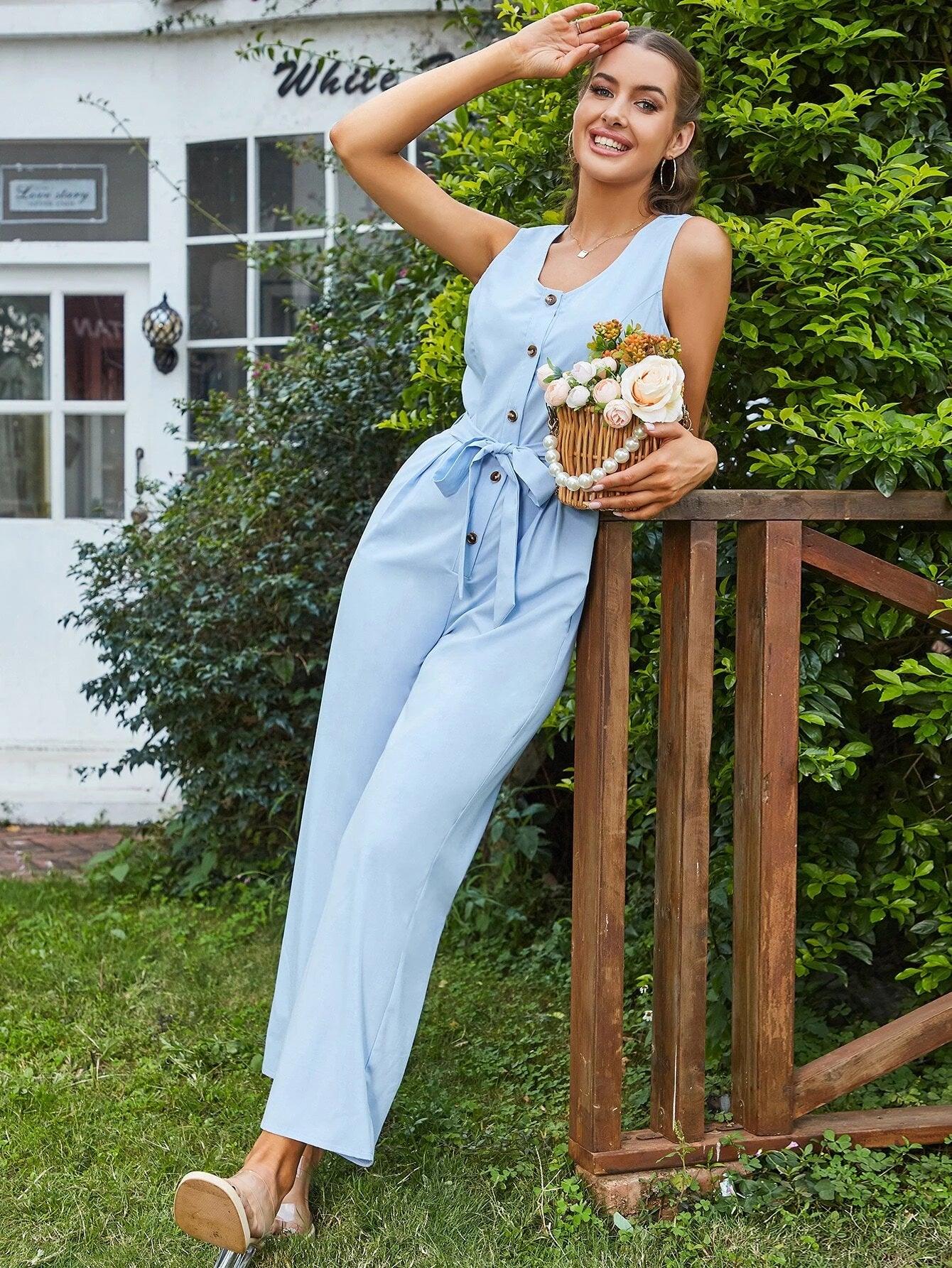 Sleeveless Front Button Jumpsuit-Comfy Jumpsuits