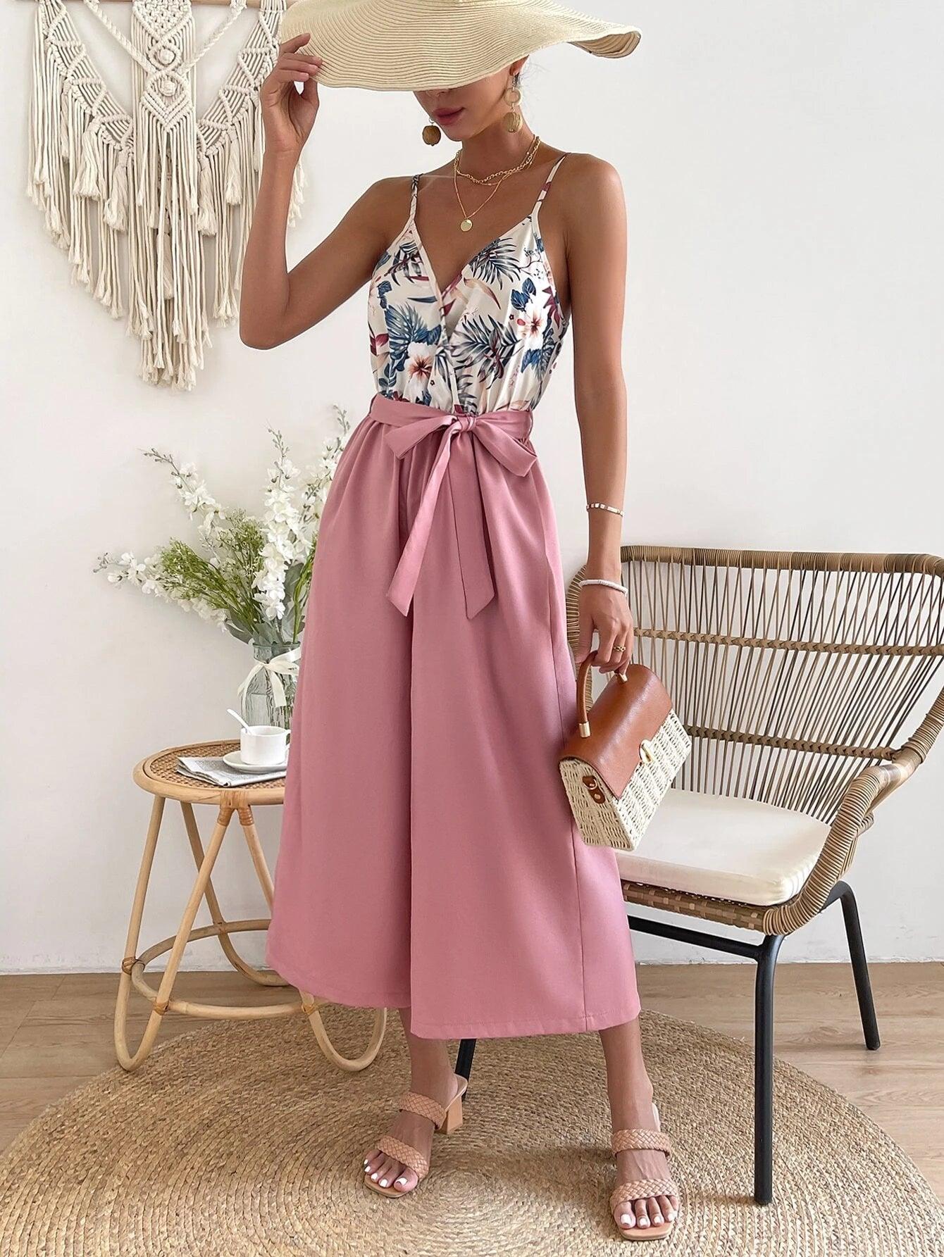 Floral Print Belted Cami Jumpsuit-Comfy Jumpsuits