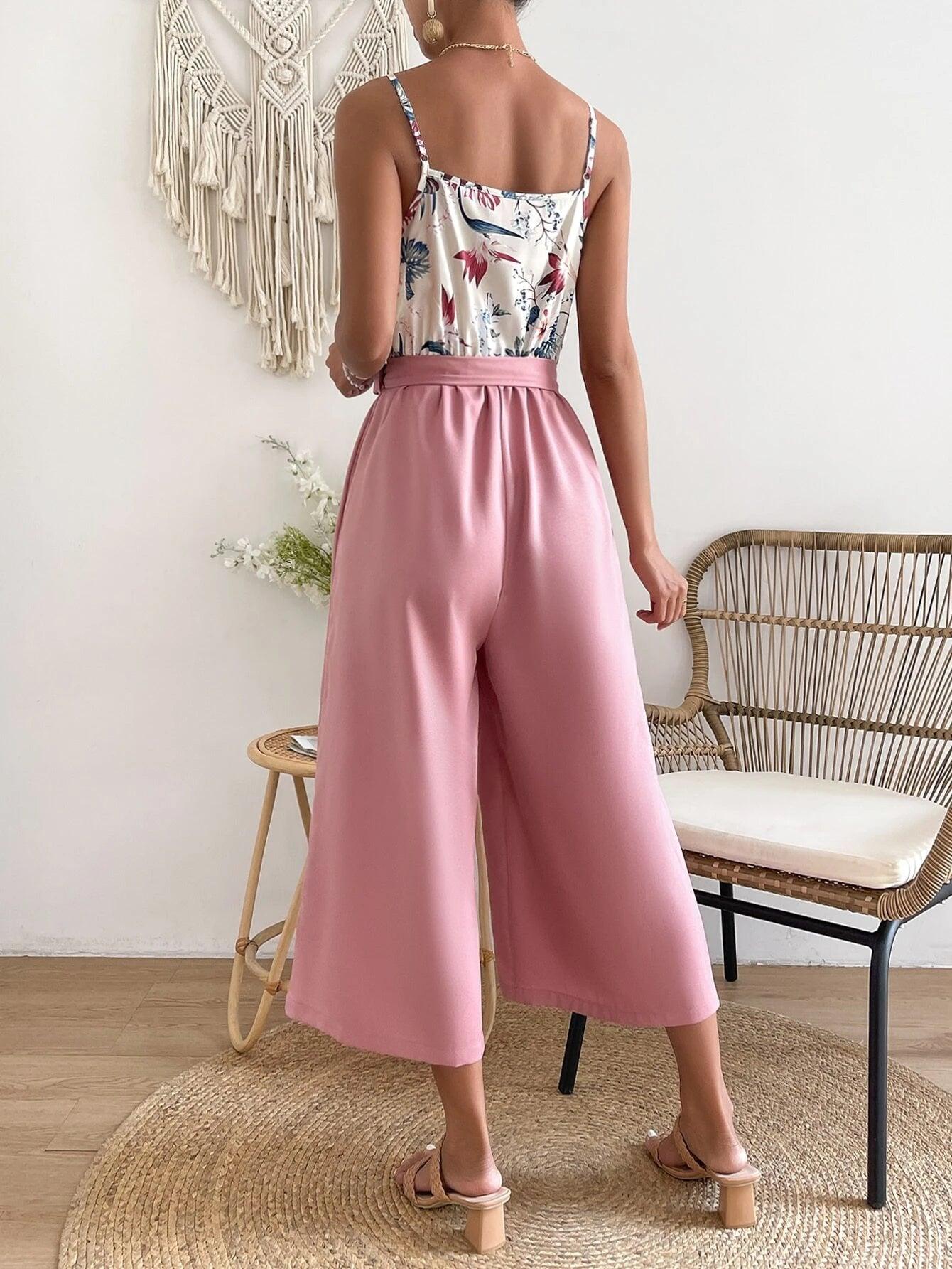 Floral Print Belted Cami Jumpsuit-Comfy Jumpsuits