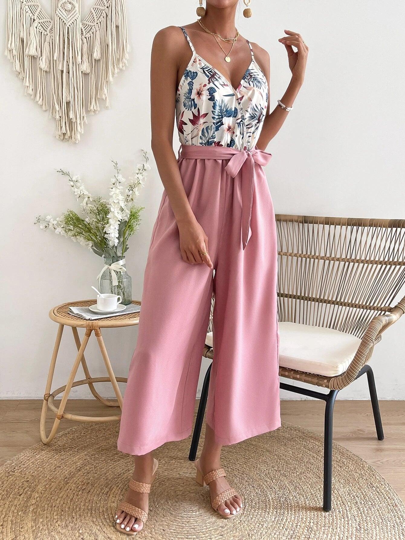 Floral Print Belted Cami Jumpsuit-Comfy Jumpsuits