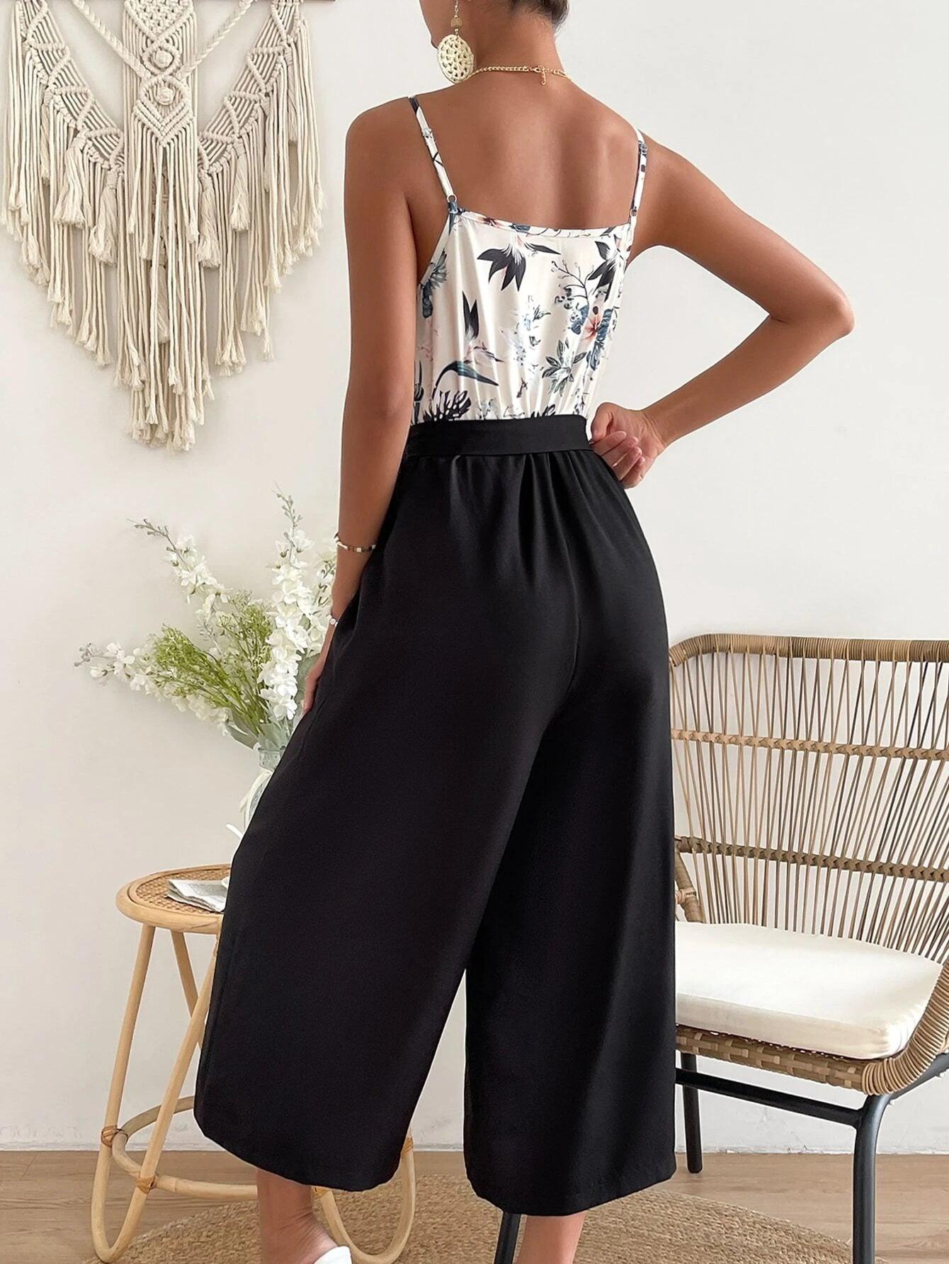 Floral Print Belted Cami Jumpsuit-Comfy Jumpsuits