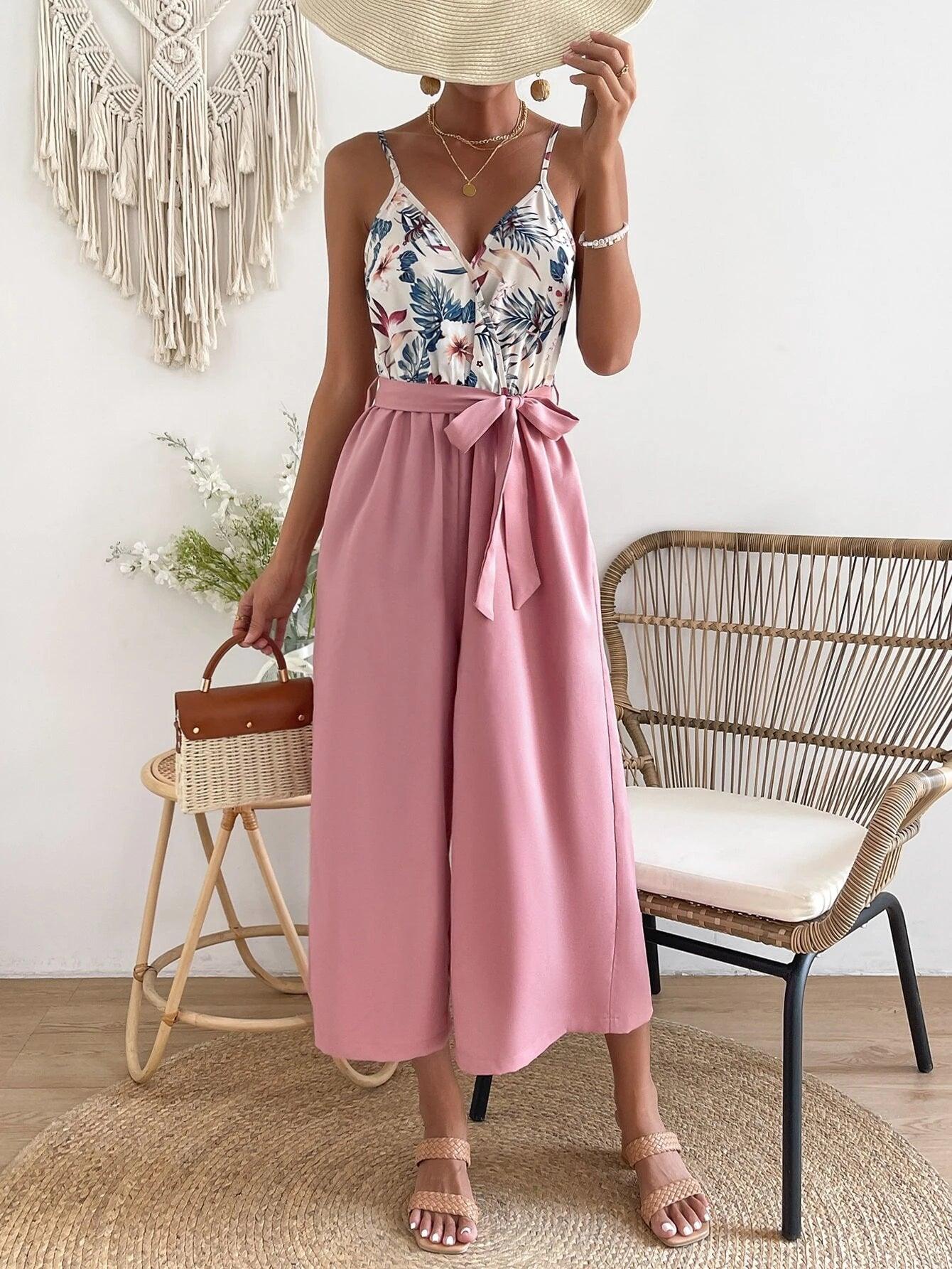 Floral Print Belted Cami Jumpsuit-Comfy Jumpsuits