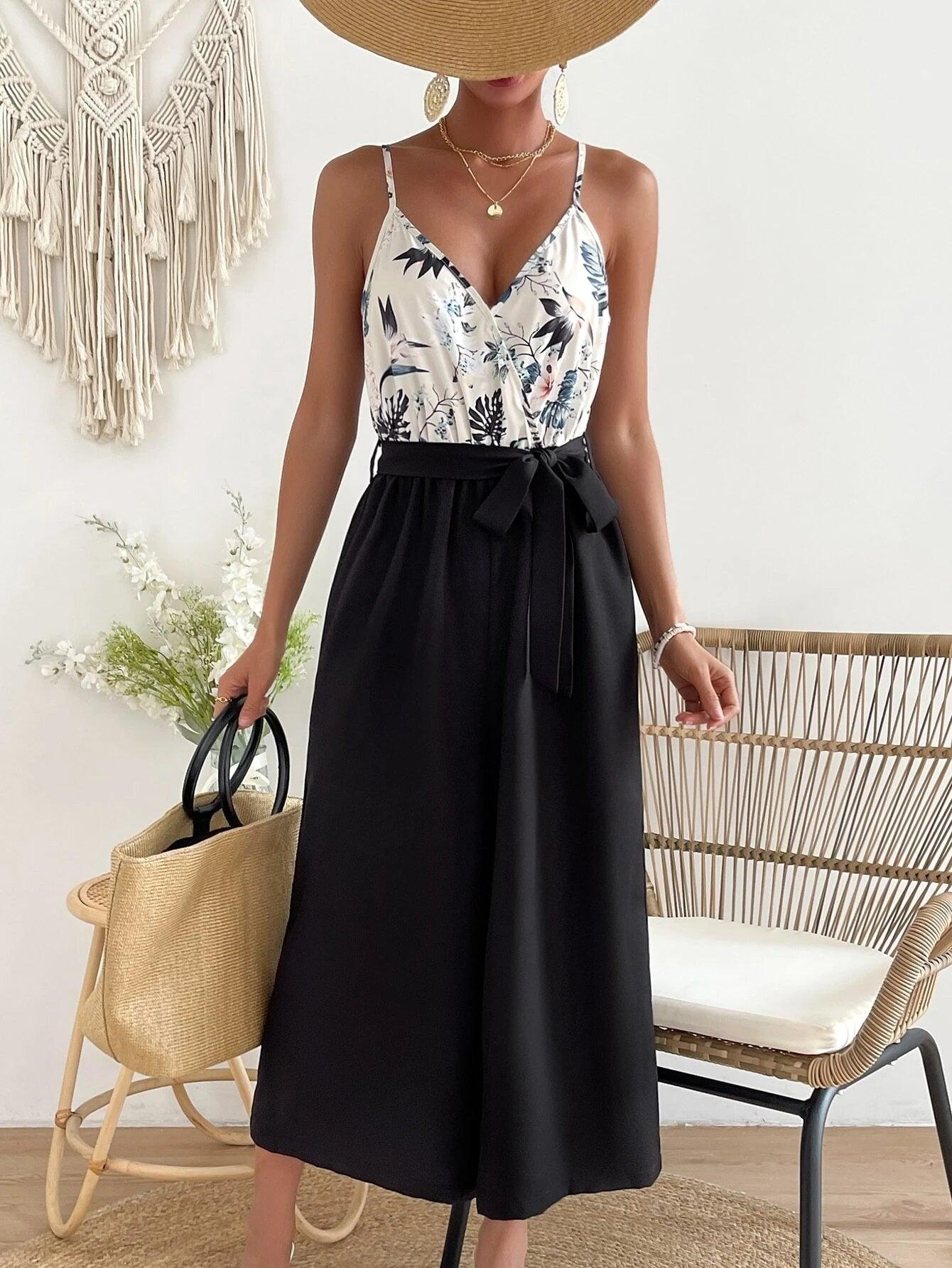 Floral Print Belted Cami Jumpsuit-Comfy Jumpsuits