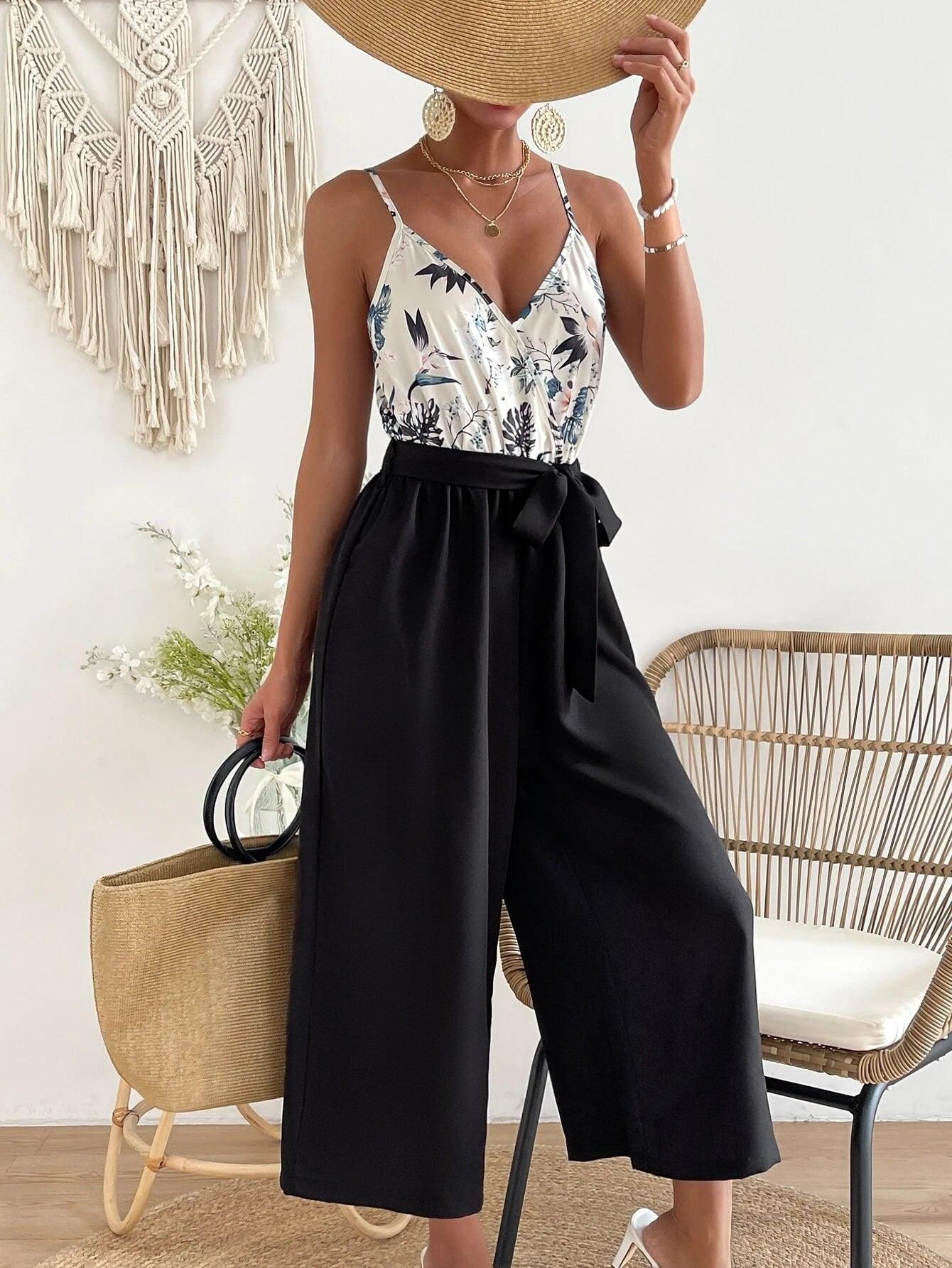 Floral Print Belted Cami Jumpsuit-Comfy Jumpsuits