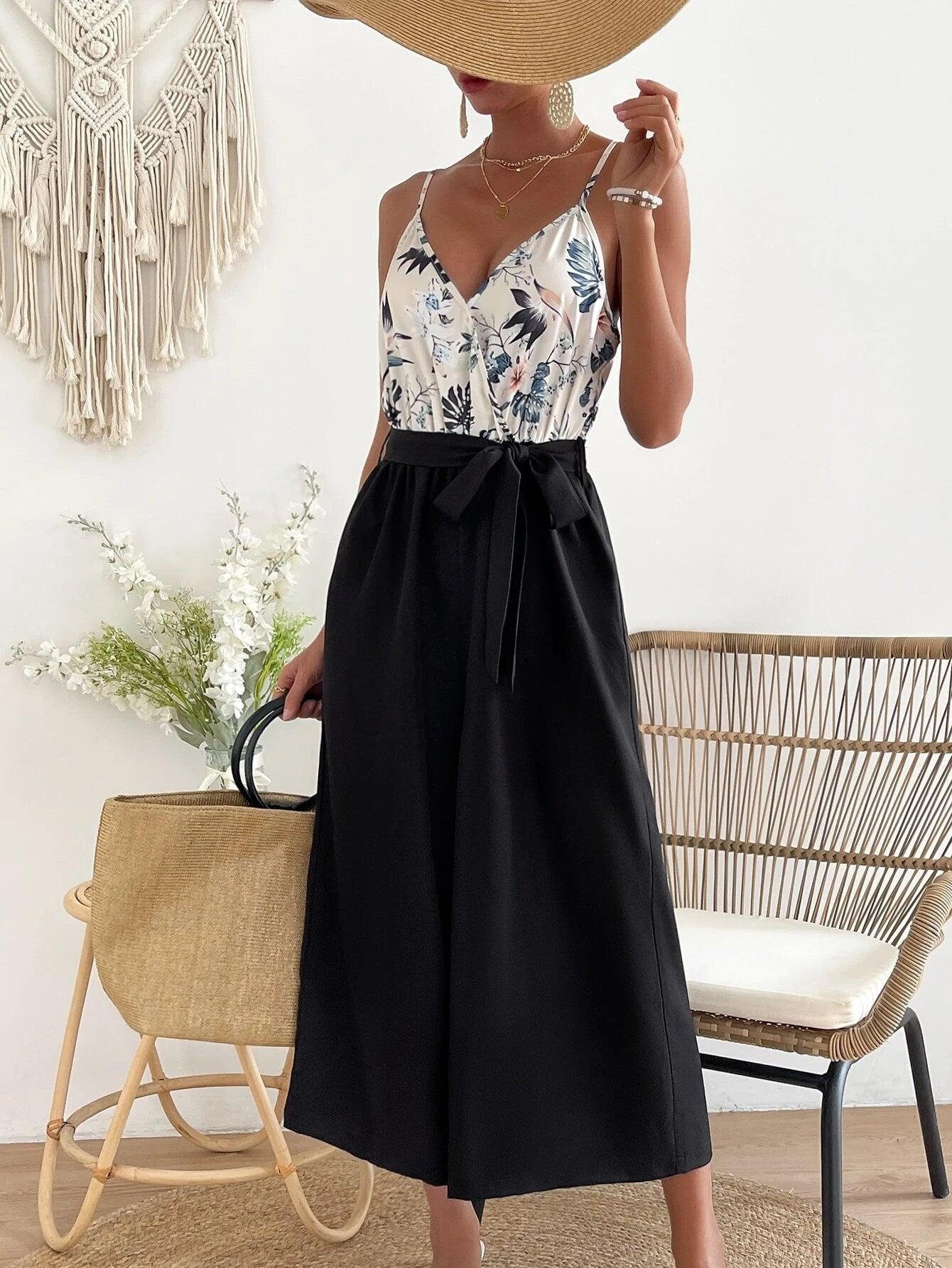 Floral Print Belted Cami Jumpsuit-Comfy Jumpsuits