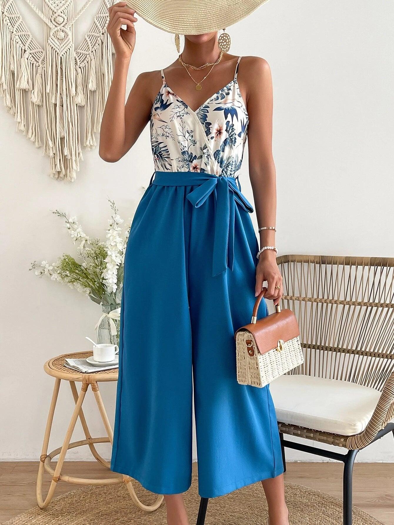 Floral Print Belted Cami Jumpsuit-Comfy Jumpsuits