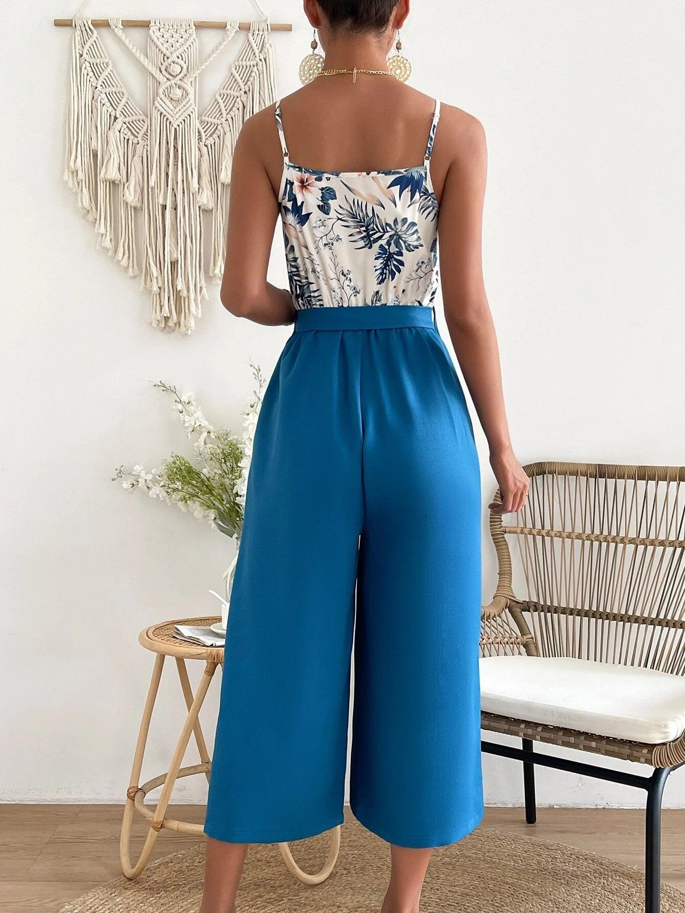 Floral Print Belted Cami Jumpsuit-Comfy Jumpsuits
