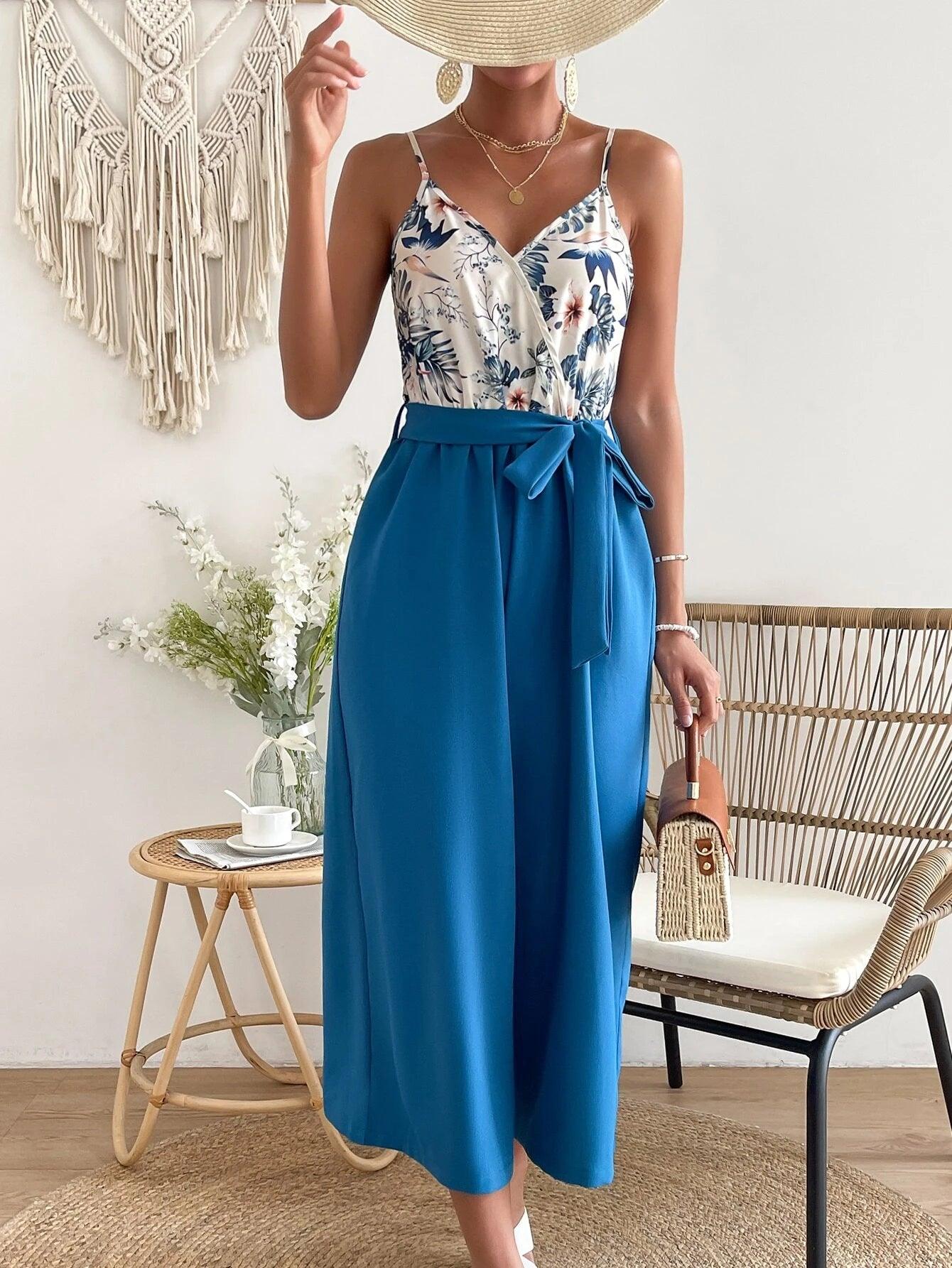 Floral Print Belted Cami Jumpsuit-Comfy Jumpsuits