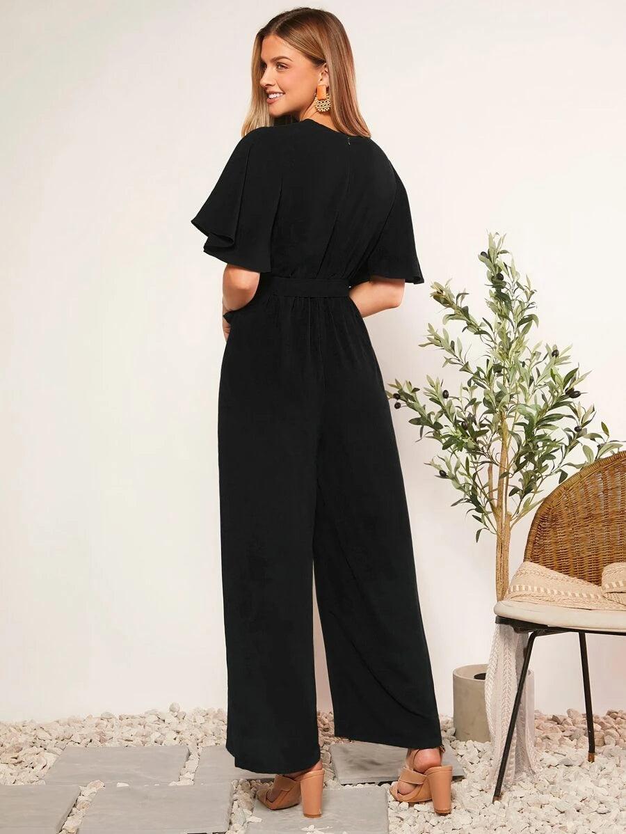 Butterfly Sleeve V Neck Wide Leg Jumpsuit-Comfy Jumpsuits