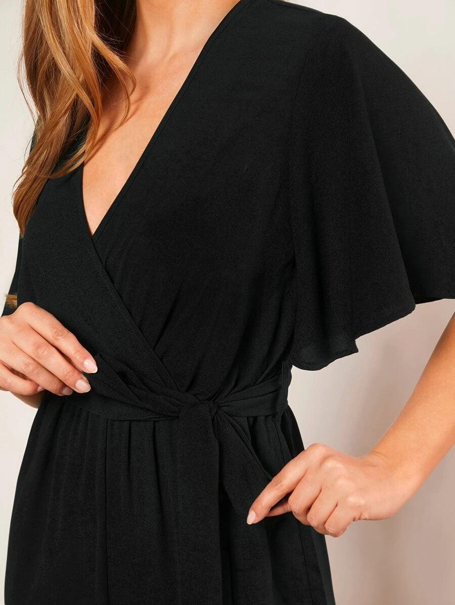 Butterfly Sleeve V Neck Wide Leg Jumpsuit-Comfy Jumpsuits