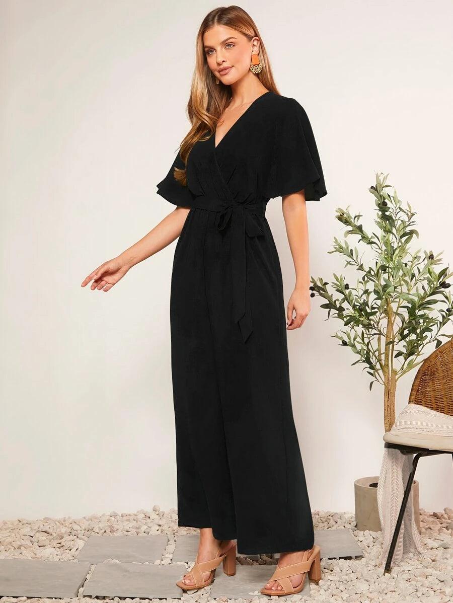 Butterfly Sleeve V Neck Wide Leg Jumpsuit-Comfy Jumpsuits