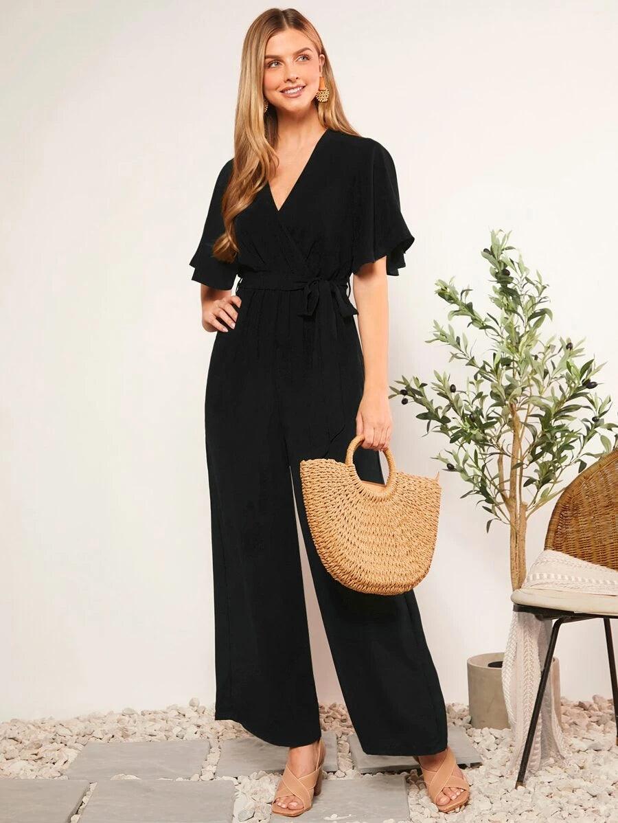 Butterfly Sleeve V Neck Wide Leg Jumpsuit-Comfy Jumpsuits