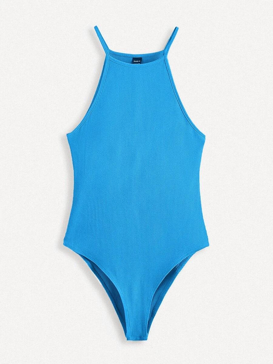 Cotton Halter Neck Ribbed Knit Bodysuit-Comfy Jumpsuits