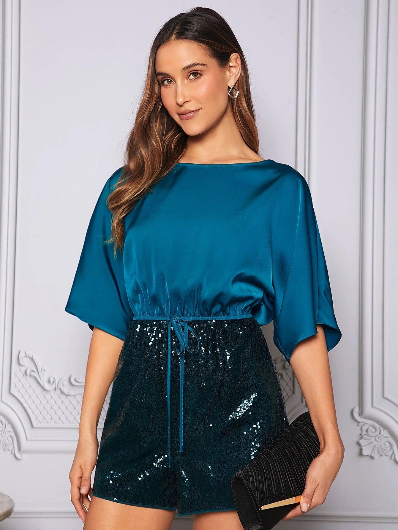Batwing Sleeve Drawstring Waist Sequin Romper-Comfy Jumpsuits