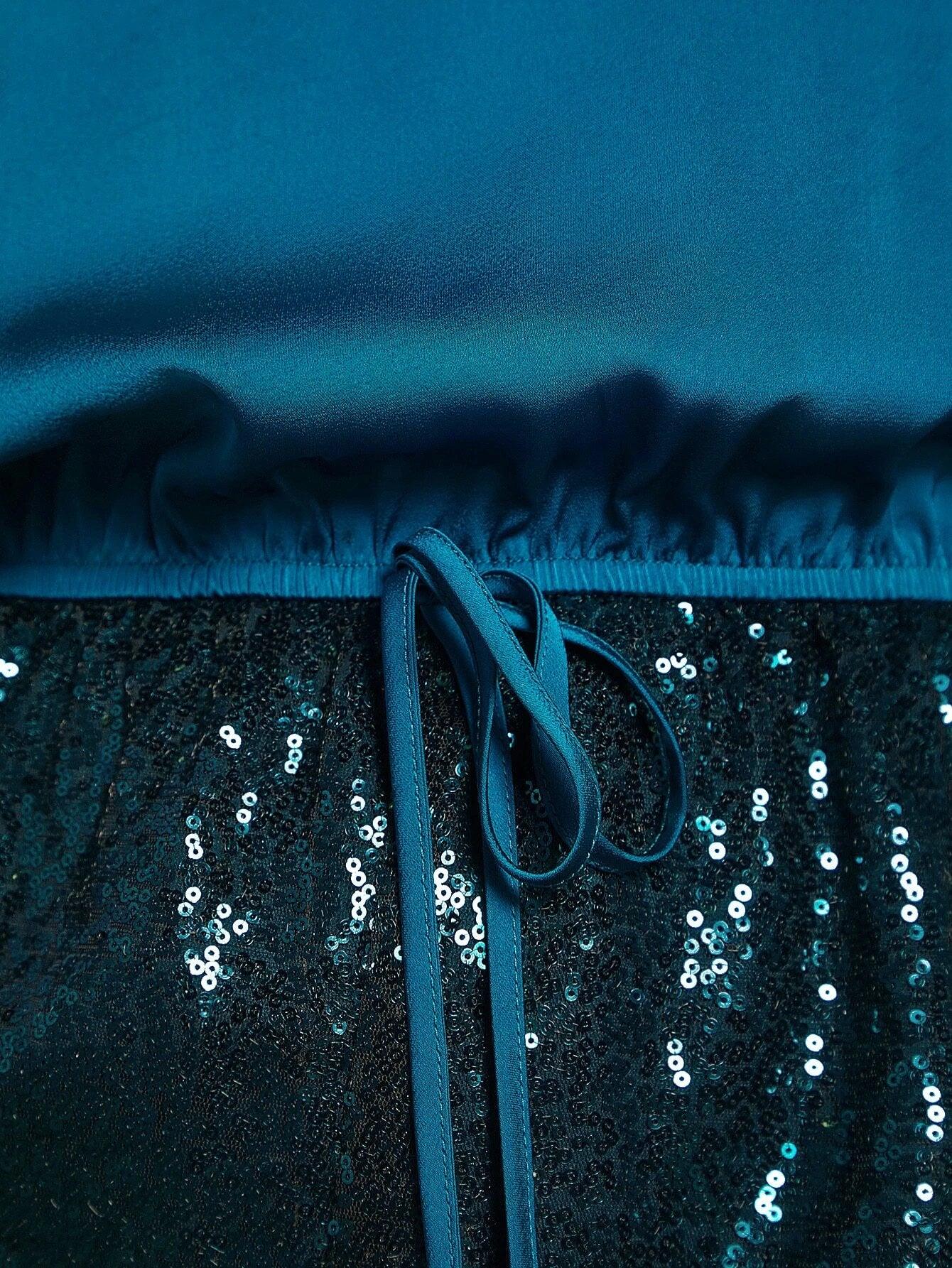 Batwing Sleeve Drawstring Waist Sequin Romper-Comfy Jumpsuits