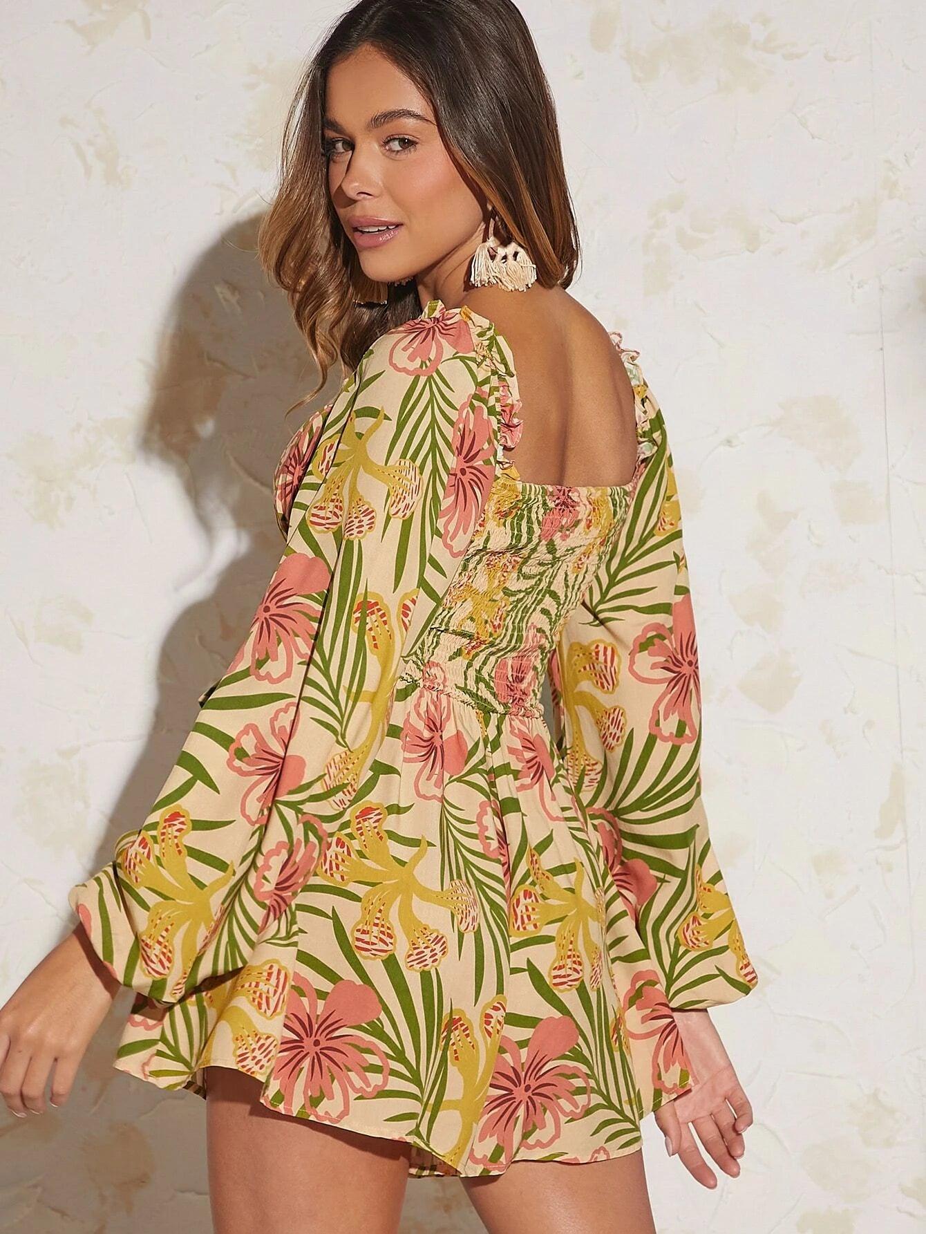Tropical Print Lantern Sleeve Belted Romper-Comfy Jumpsuits
