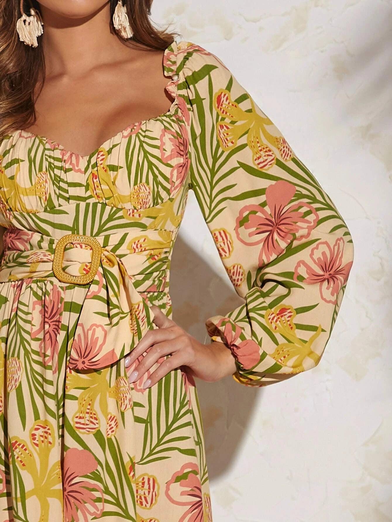 Tropical Print Lantern Sleeve Belted Romper-Comfy Jumpsuits