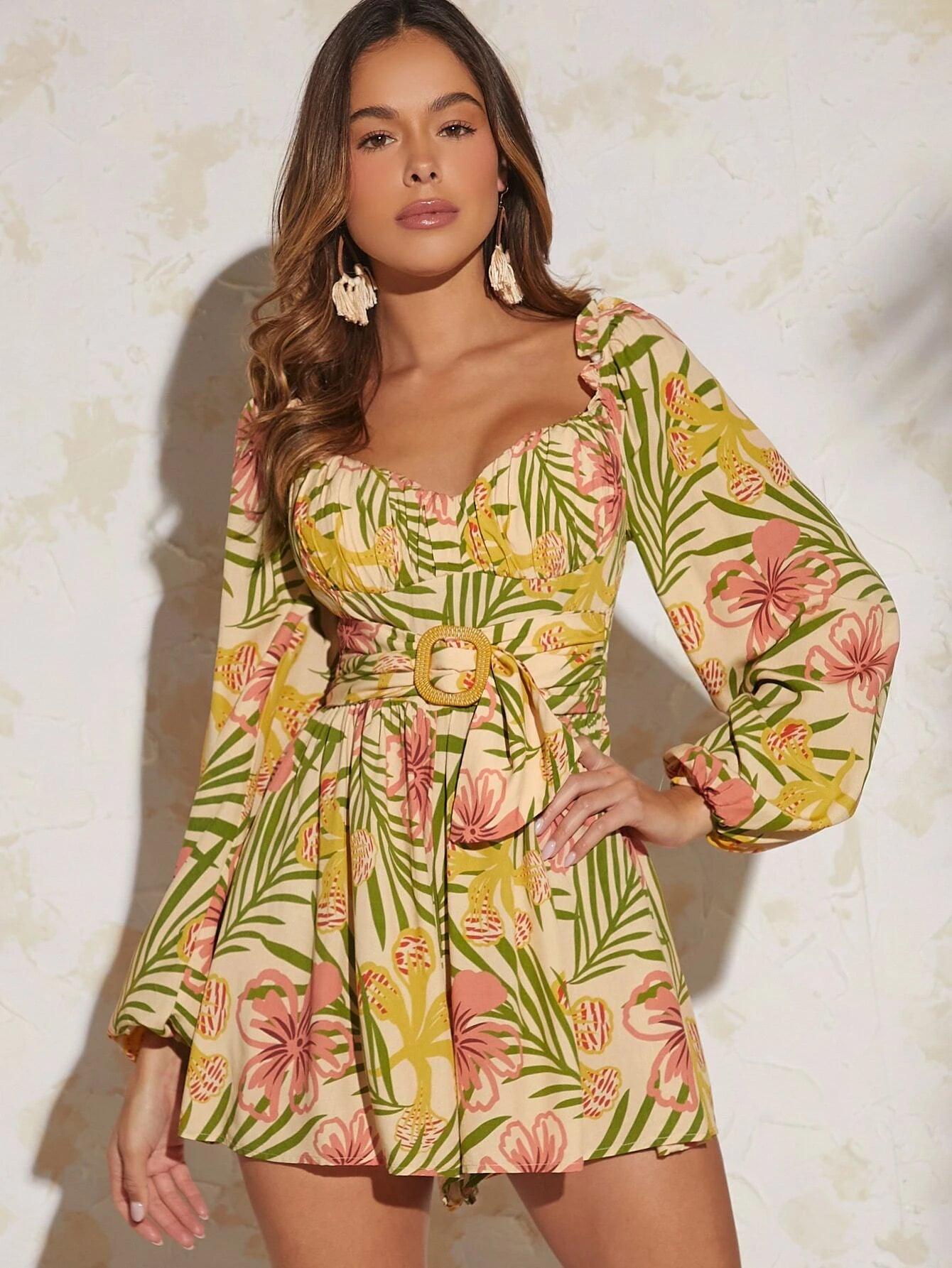 Tropical Print Lantern Sleeve Belted Romper-Comfy Jumpsuits