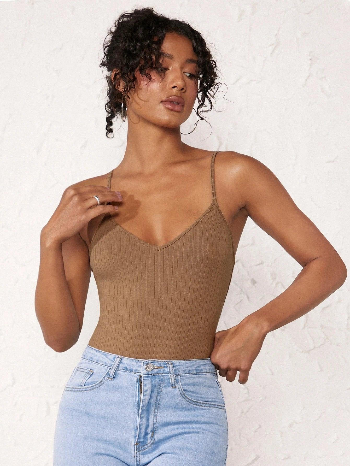 Cotton Solid Colored Cami Bodysuit-Comfy Jumpsuits