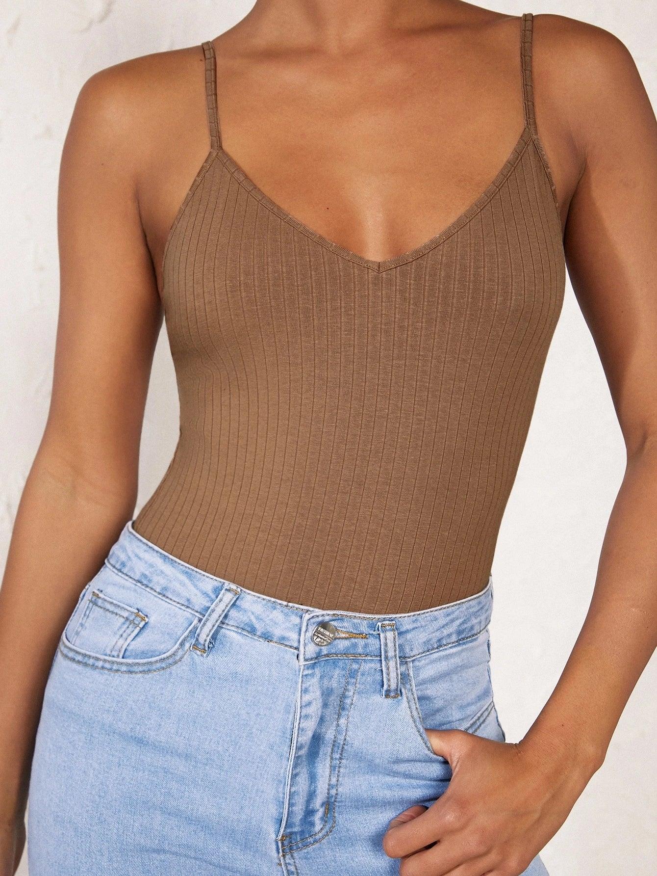 Cotton Solid Colored Cami Bodysuit-Comfy Jumpsuits