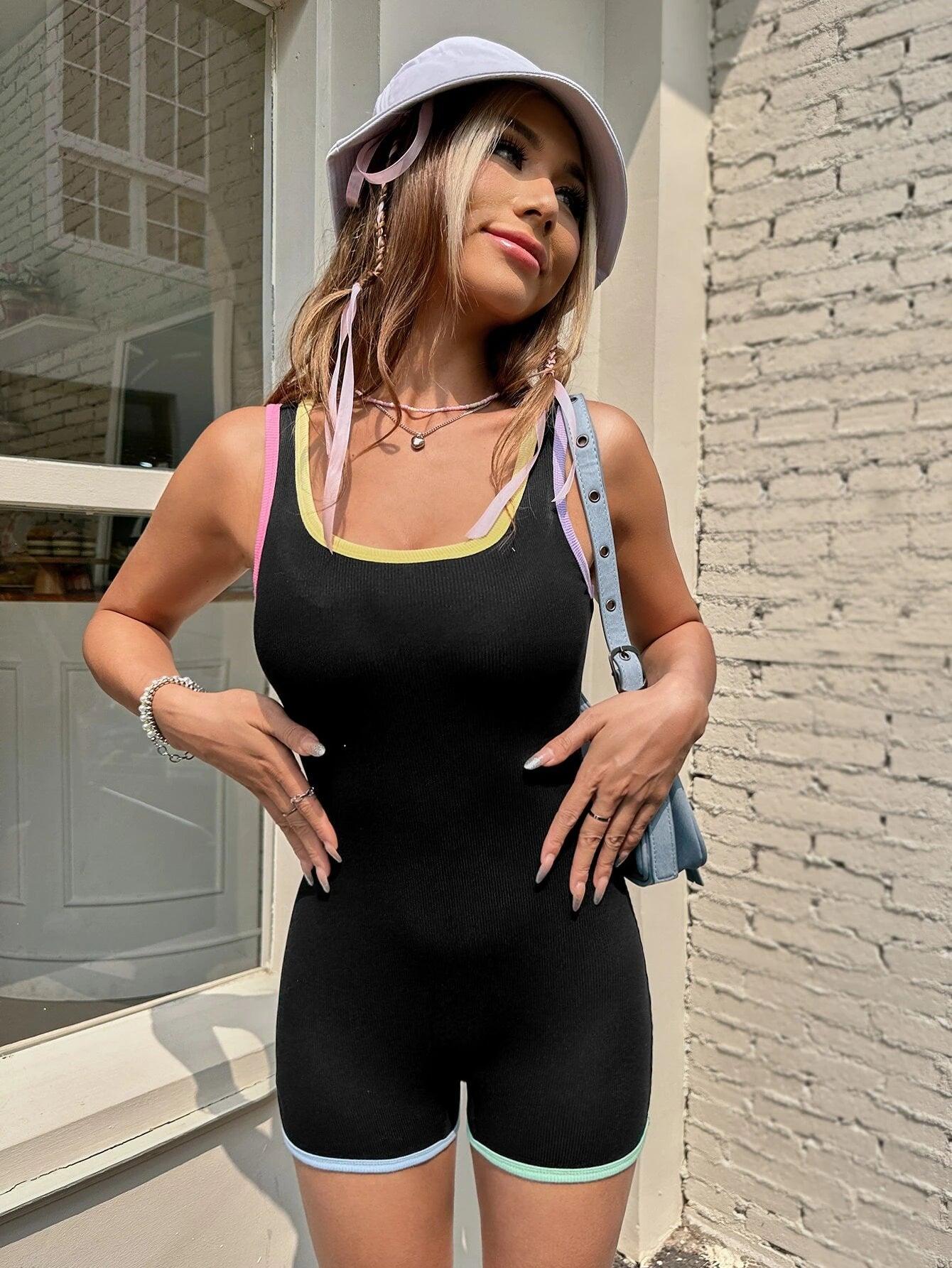 Contrast Binding Designed Back Unitard Romper-Comfy Jumpsuits