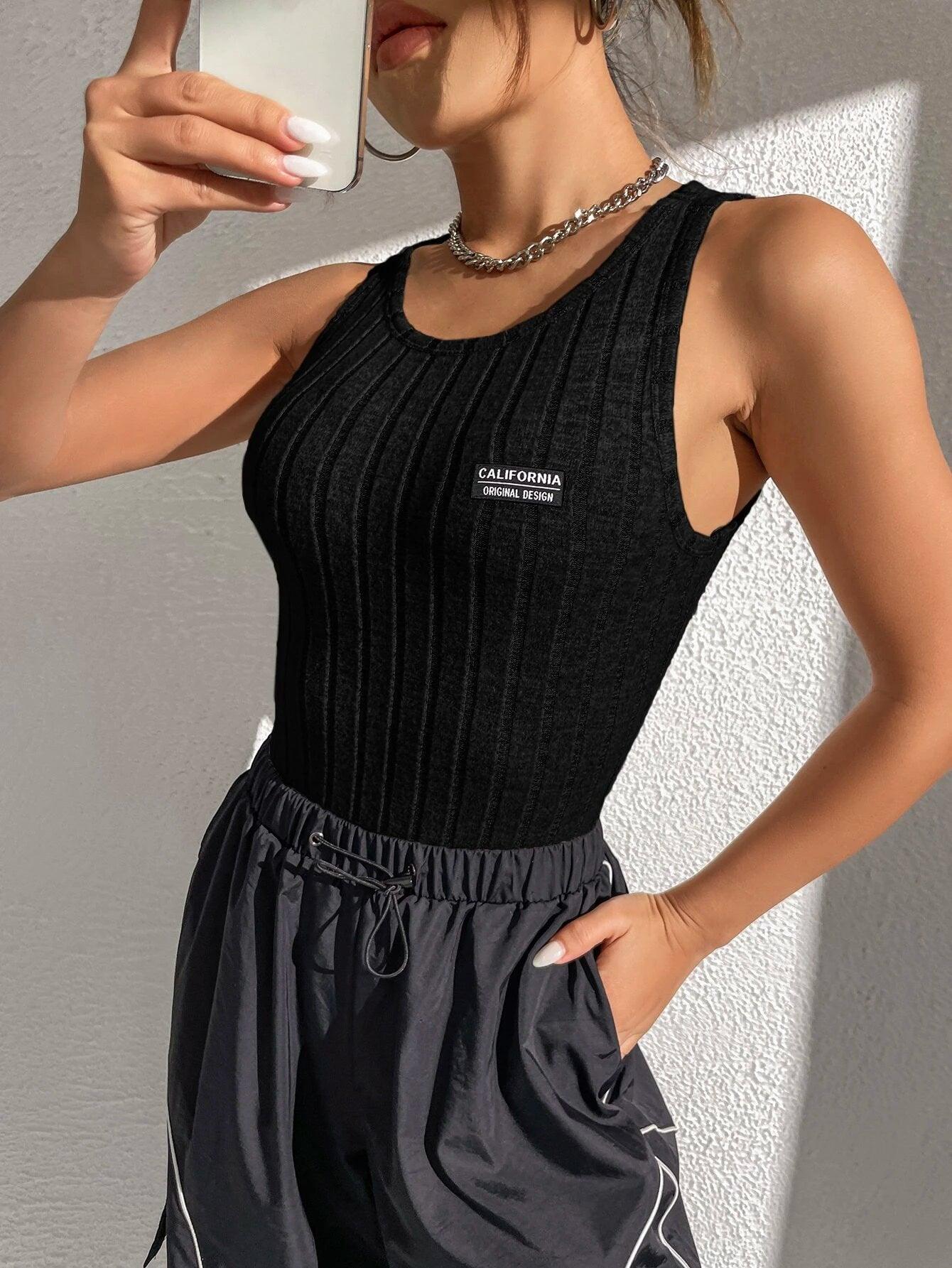 Letter Patched Ribbed Knit Tank Bodysuit-Comfy Jumpsuits