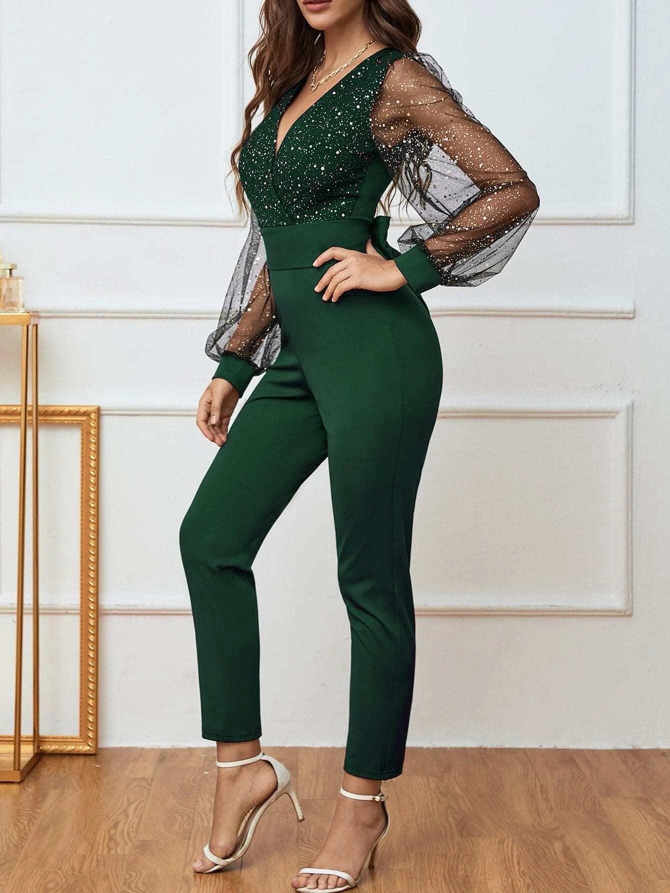 Mesh Lantern Sleeve Jumpsuit-Comfy Jumpsuits