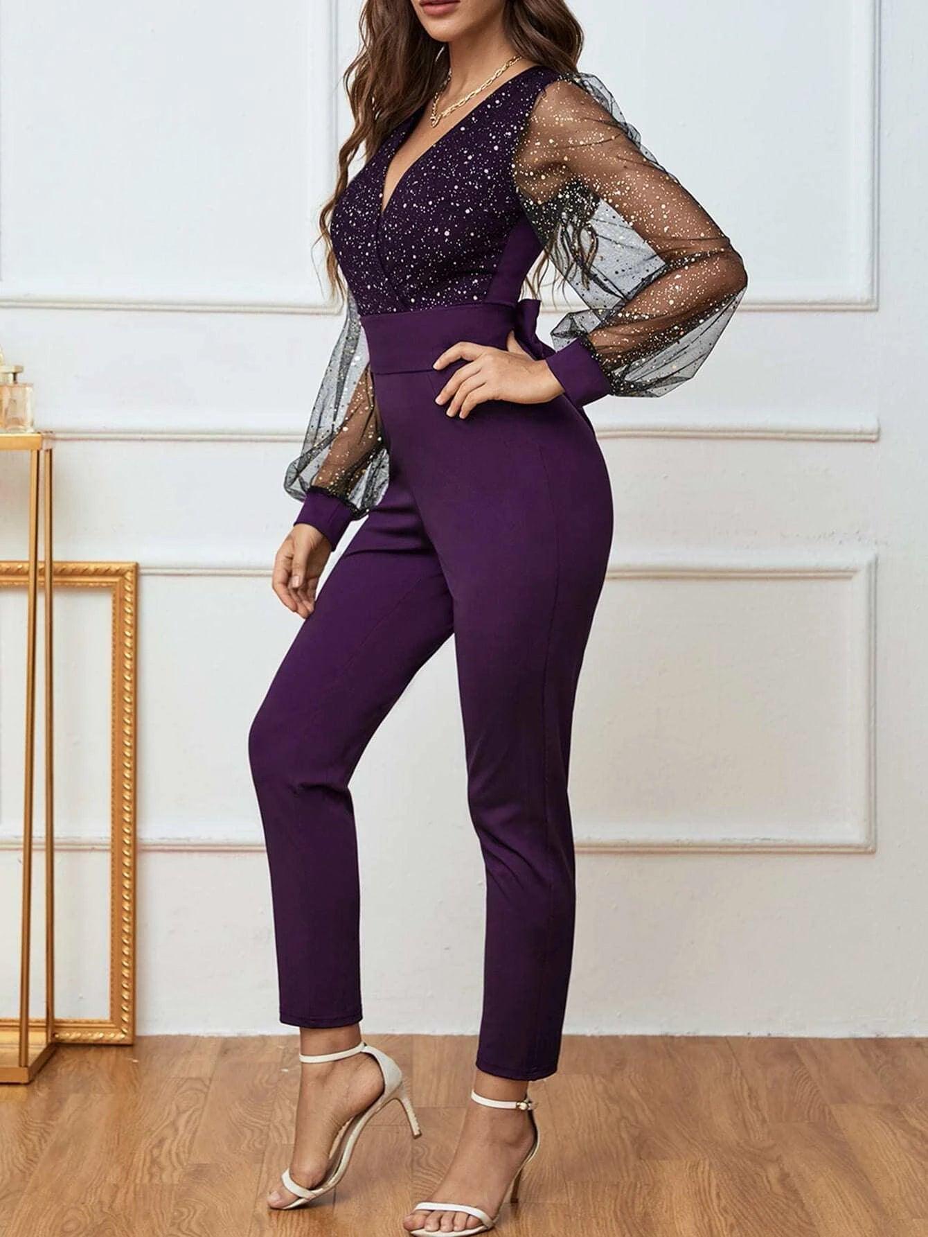 Mesh Lantern Sleeve Jumpsuit-Comfy Jumpsuits